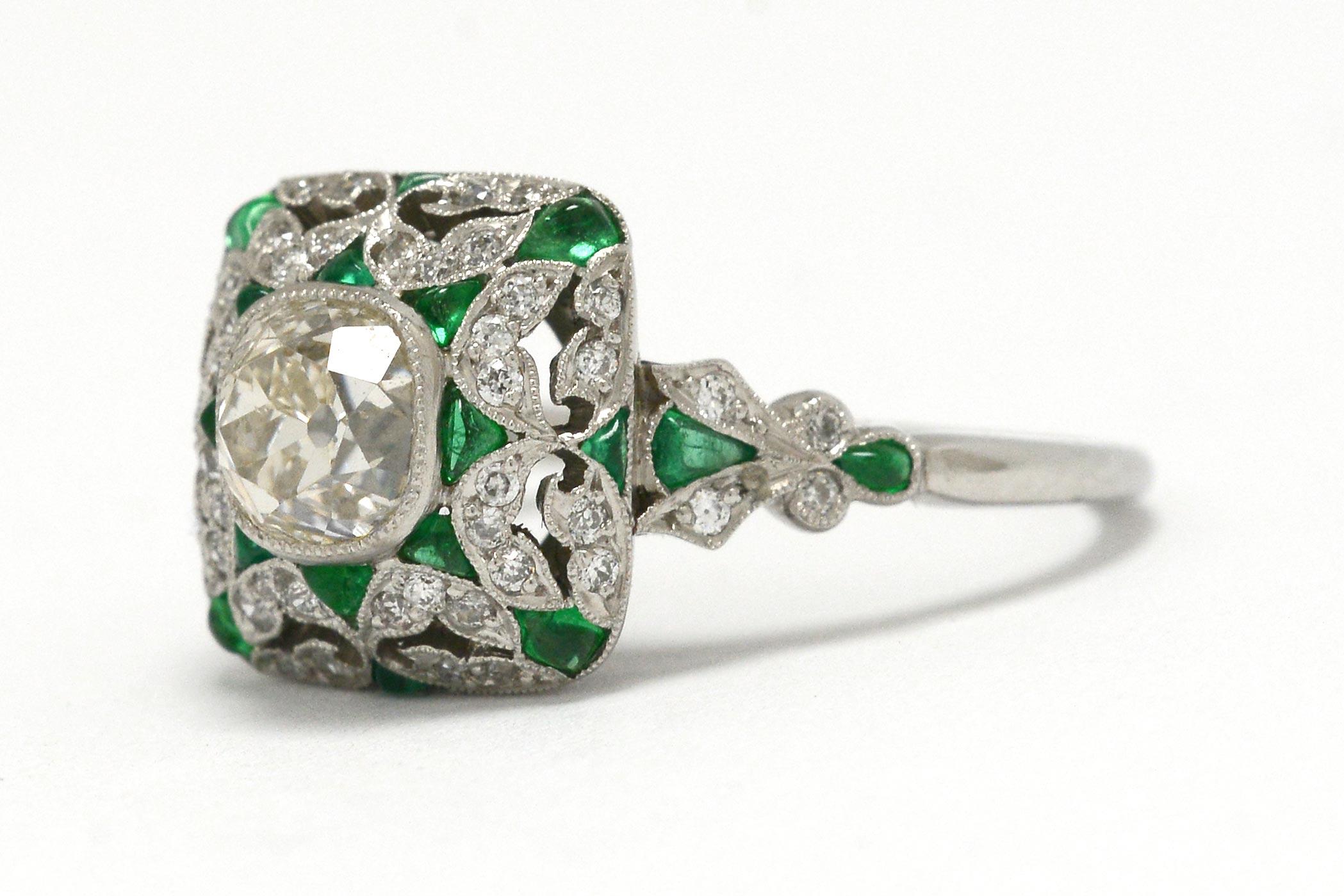 Art Deco Style Diamond Emerald Engagement Ring Old Mine Cut 1 Carat Cocktail In New Condition In Santa Barbara, CA