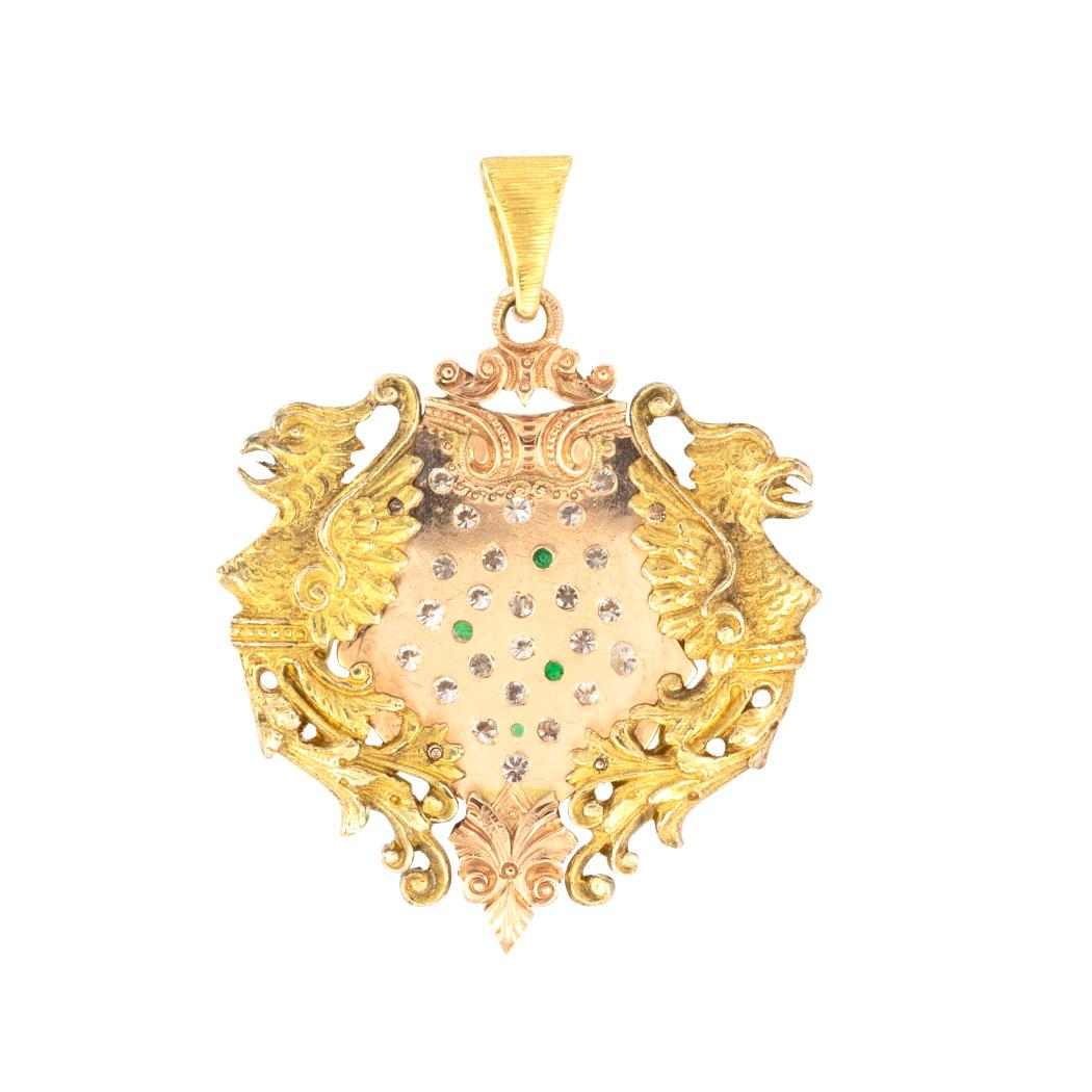 Art Nouveau Antique Diamond Emerald Gold Griffin Pendant