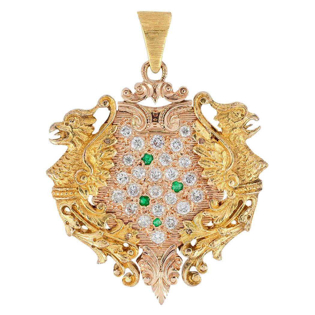 Antique Diamond Emerald Gold Griffin Pendant