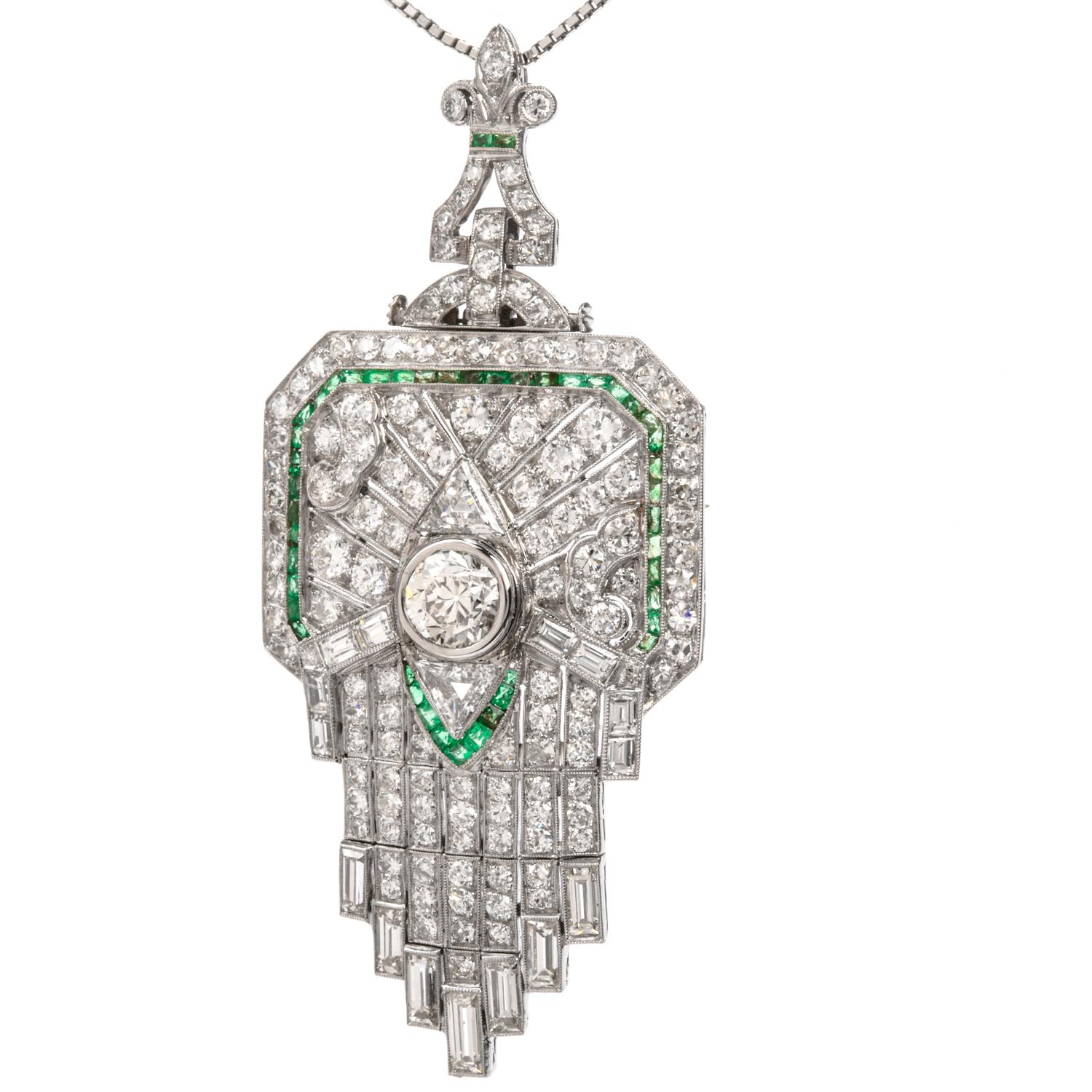 Art Deco Antique Diamond Emerald Platinum Fleur De Lis Brooch and Pendant For Sale