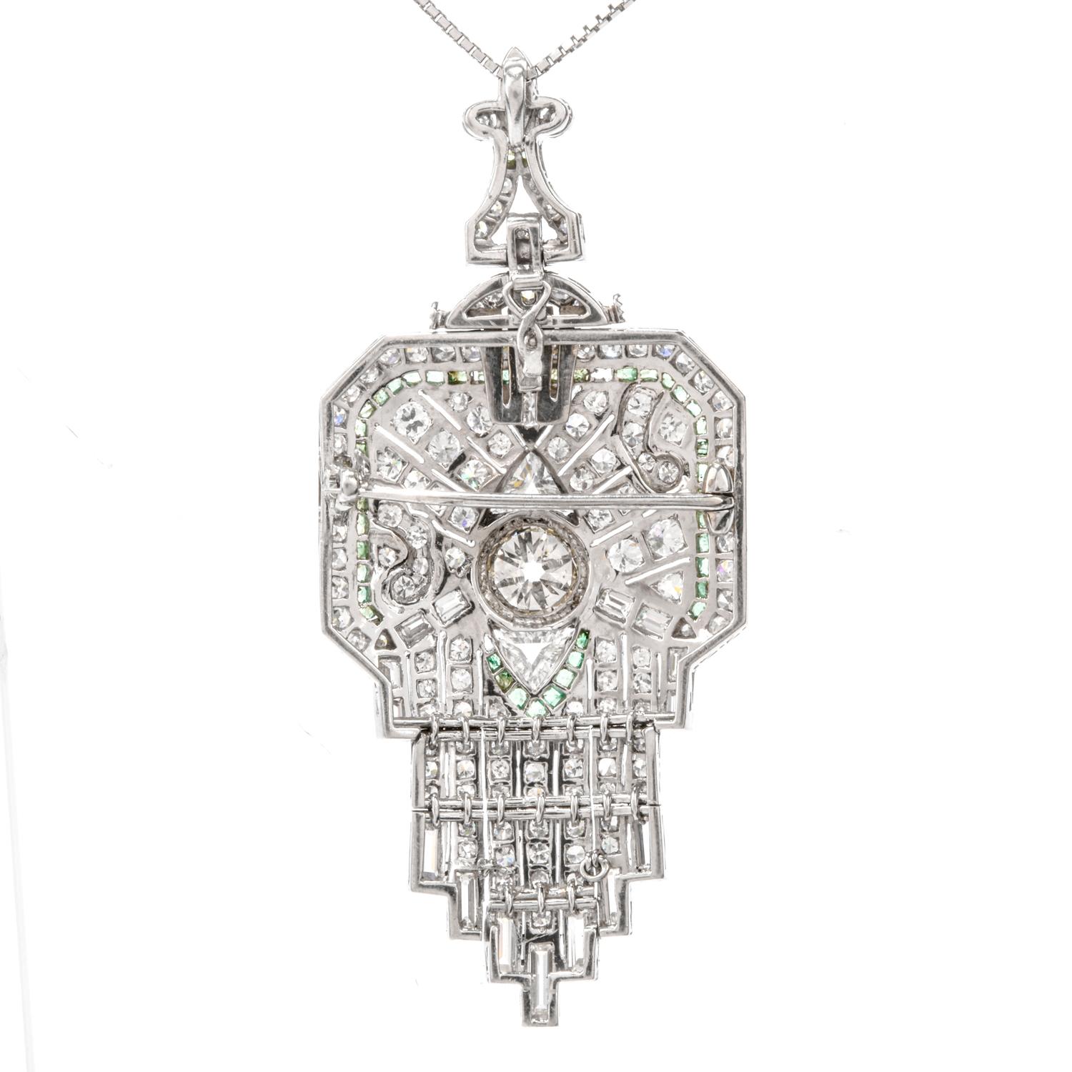 Old European Cut Antique Diamond Emerald Platinum Fleur De Lis Brooch and Pendant For Sale