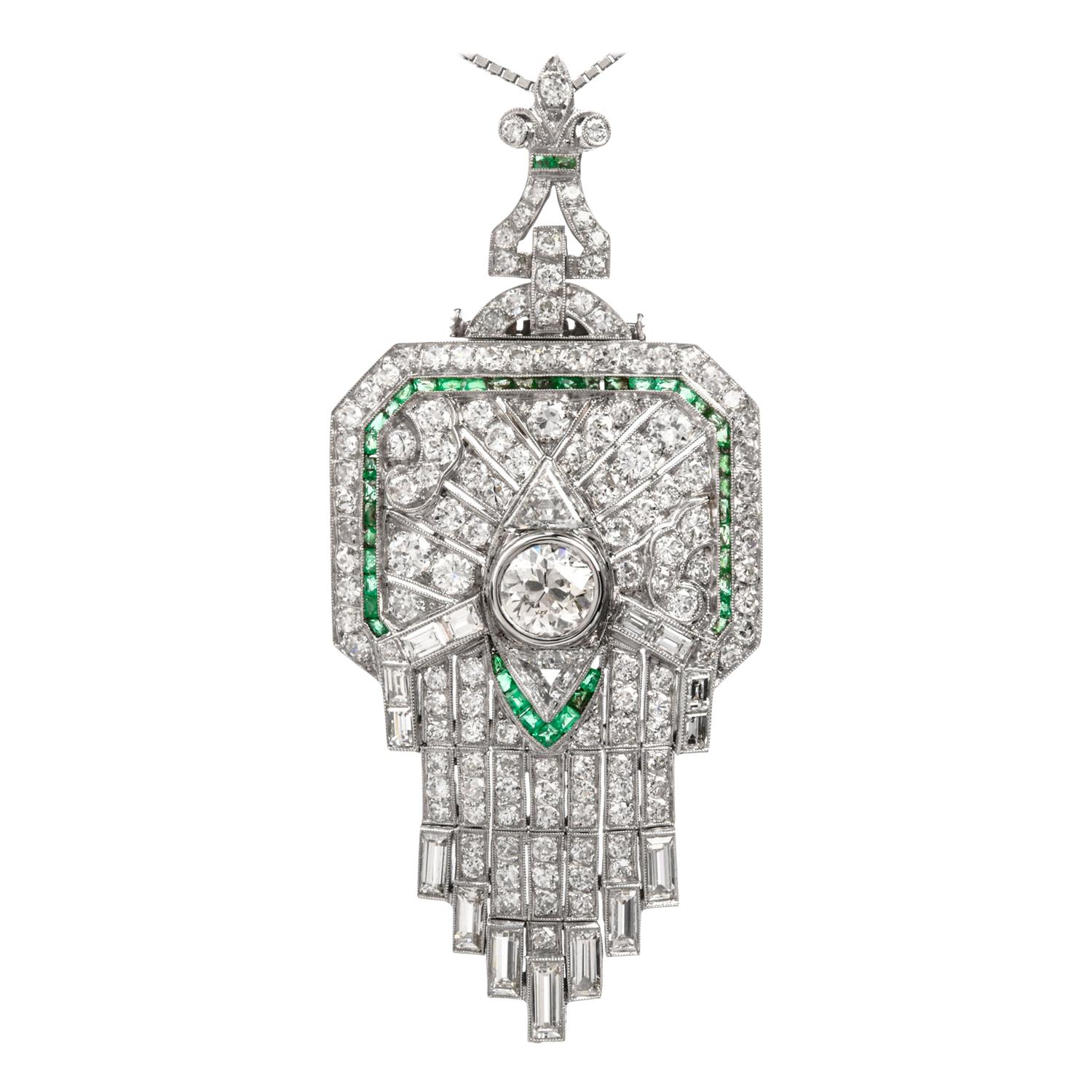 Antique Diamond Emerald Platinum Fleur De Lis Brooch and Pendant For Sale