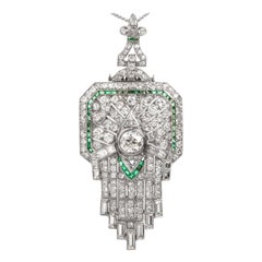 Vintage Diamond Emerald Platinum Fleur De Lis Brooch and Pendant