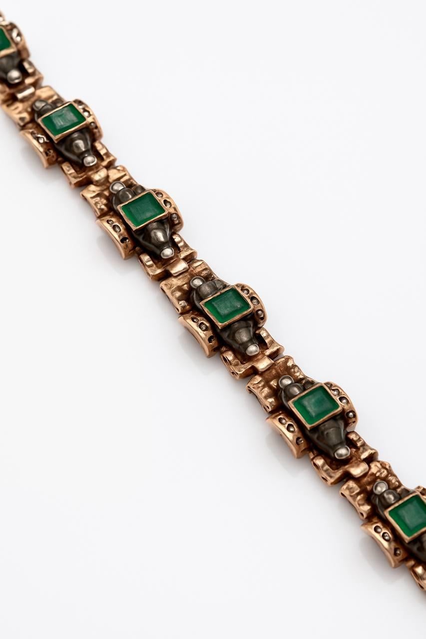 Antiguo diamante esmeralda pulsera de oro rosa , 1890s en Excelente estado para la venta en Firenze, FI