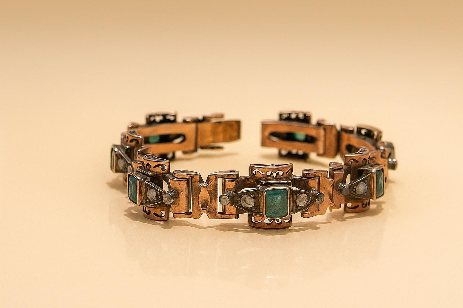 Bracelet ancien en or rose avec diamants et émeraudes , 1890s en vente 2