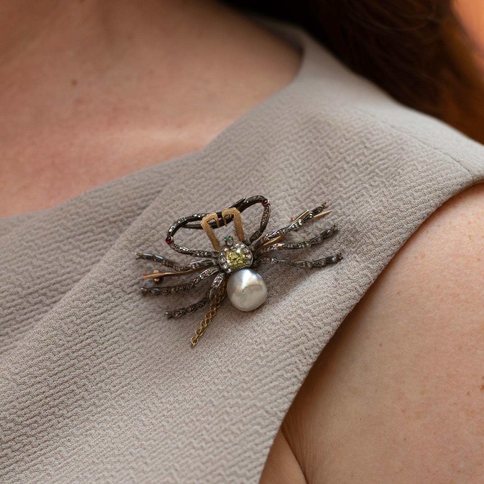 Old European Cut Antique diamond, emerald, ruby and baroque pearl spider brooch pin For Sale