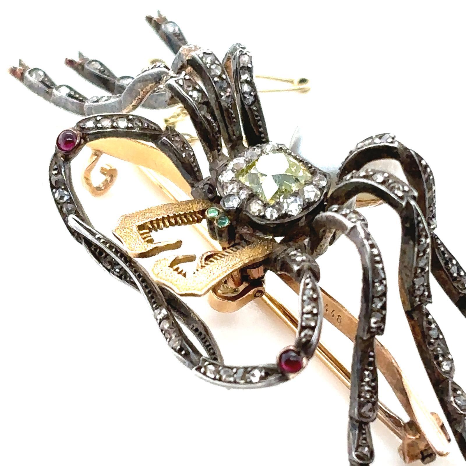 Women's or Men's Antique diamond, emerald, ruby and baroque pearl spider brooch pin For Sale
