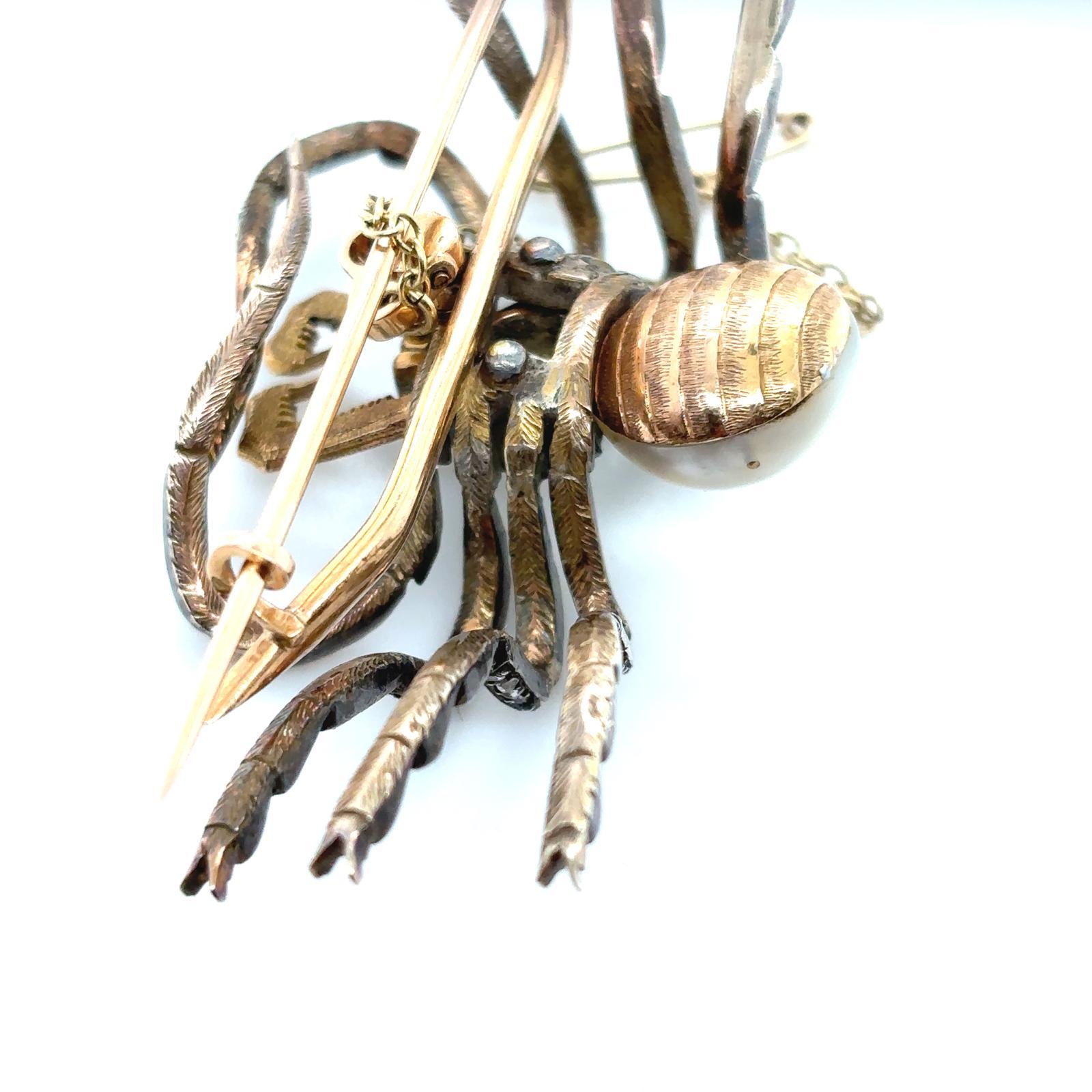 Antique diamond, emerald, ruby and baroque pearl spider brooch pin For Sale 1