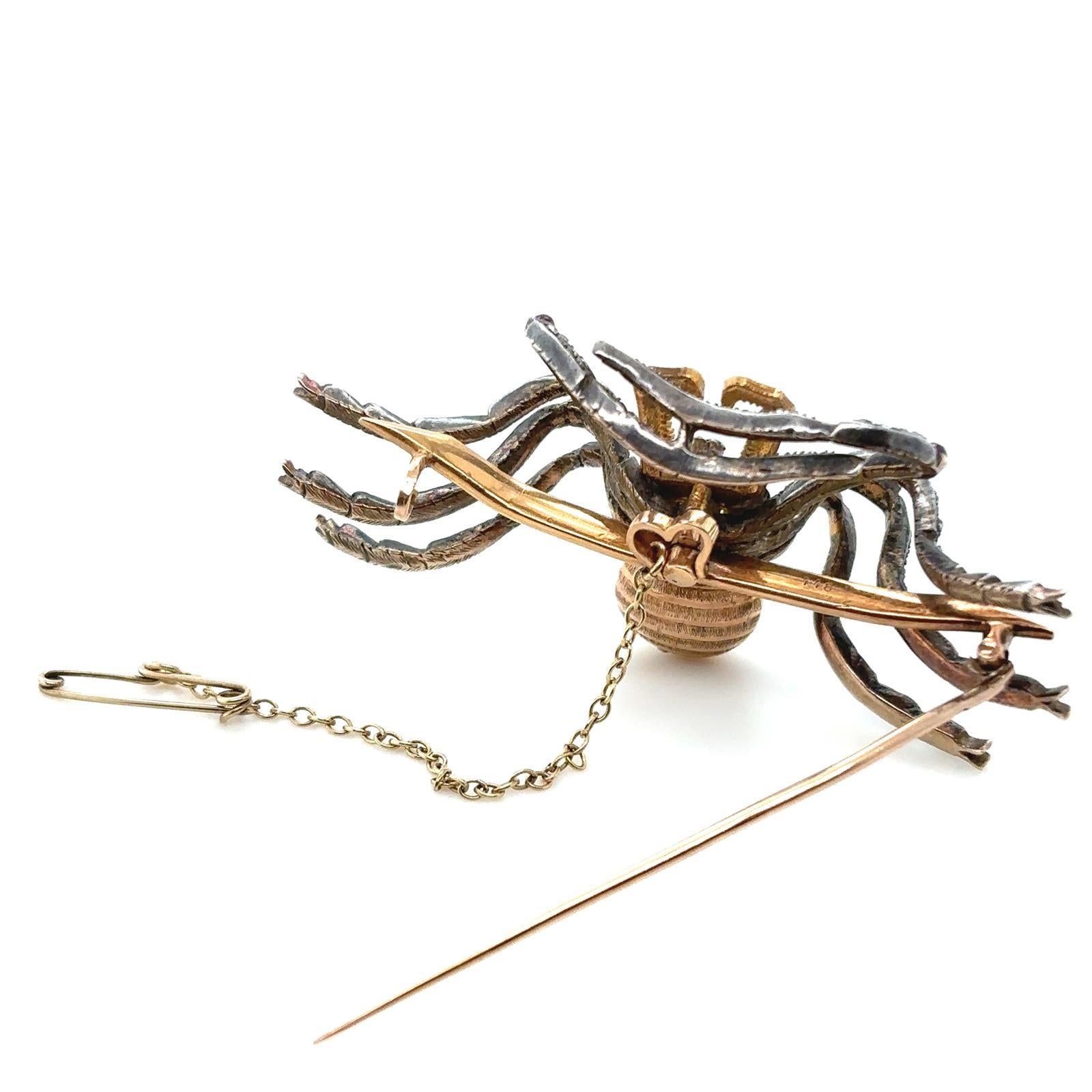Antique diamond, emerald, ruby and baroque pearl spider brooch pin For Sale 2