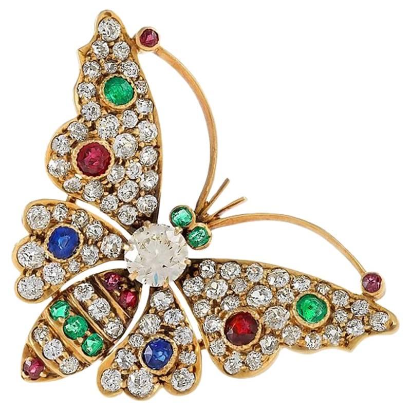 Antique Diamond Emerald Ruby Sapphire and Gold Butterfly Brooch