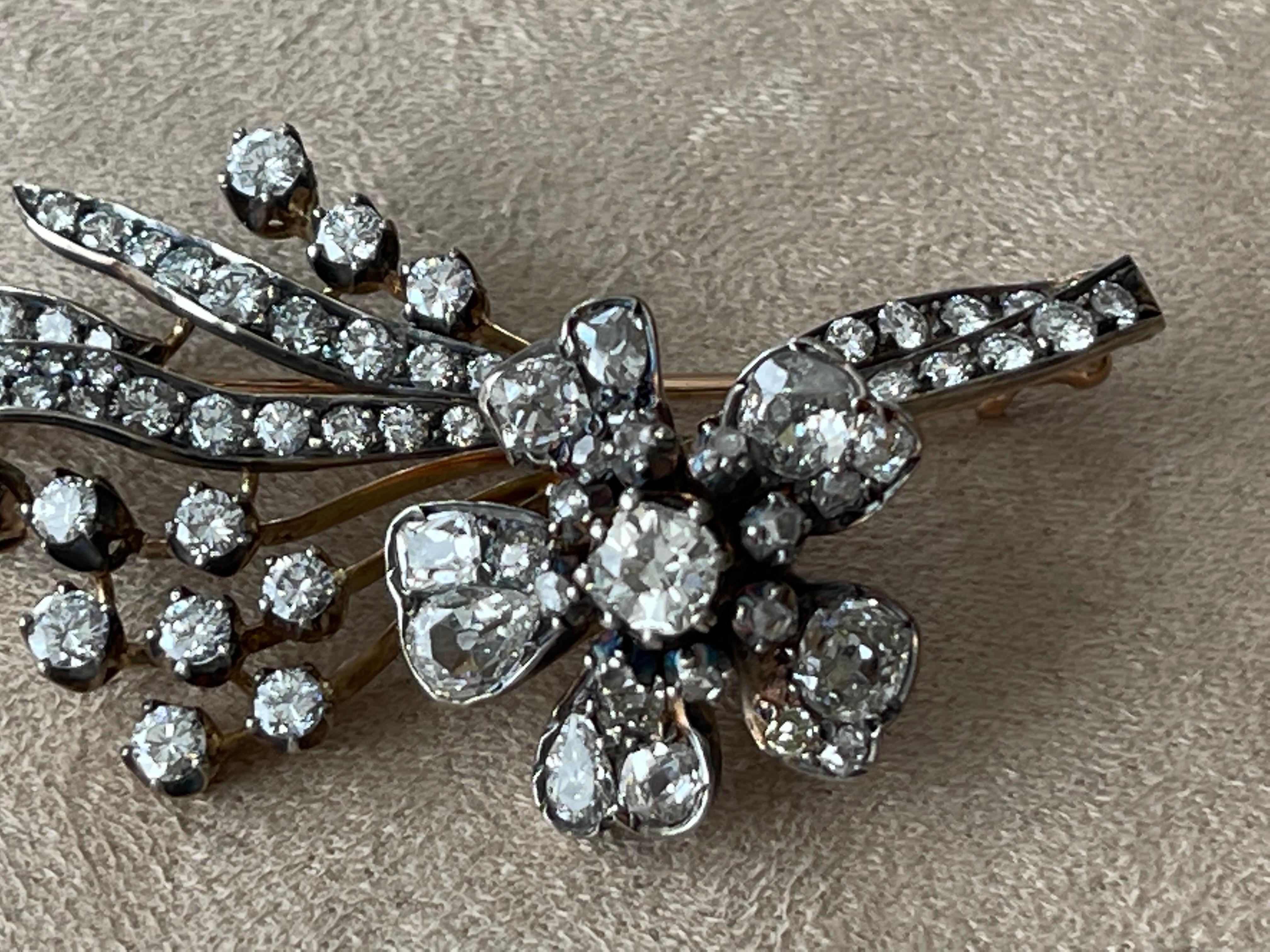 Antike Diamant-Blumensprühbrosche „En Tremblant“ um 1860 Silber Roségold im Angebot 4