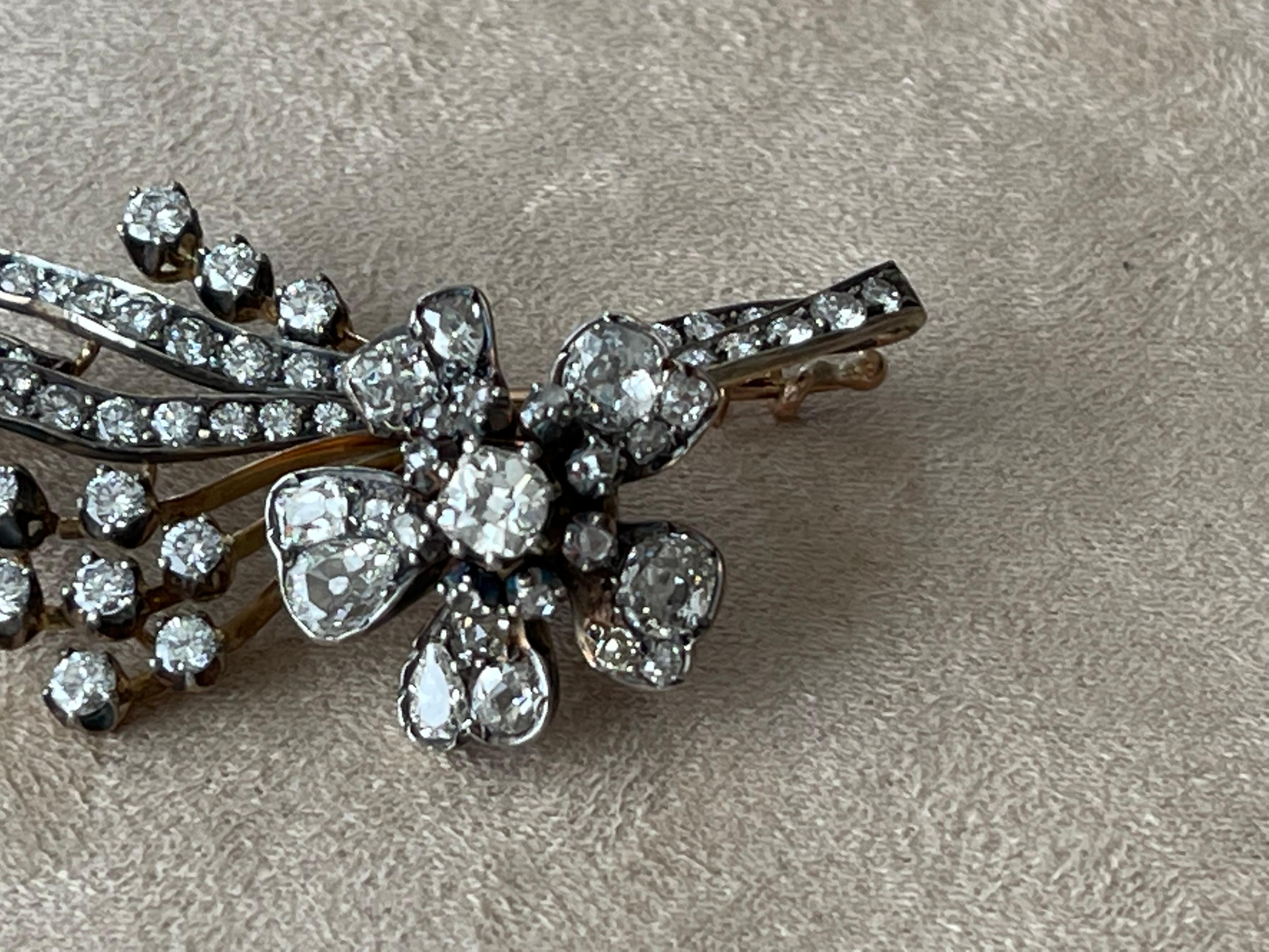 Antike Diamant-Blumensprühbrosche „En Tremblant“ um 1860 Silber Roségold im Angebot 5