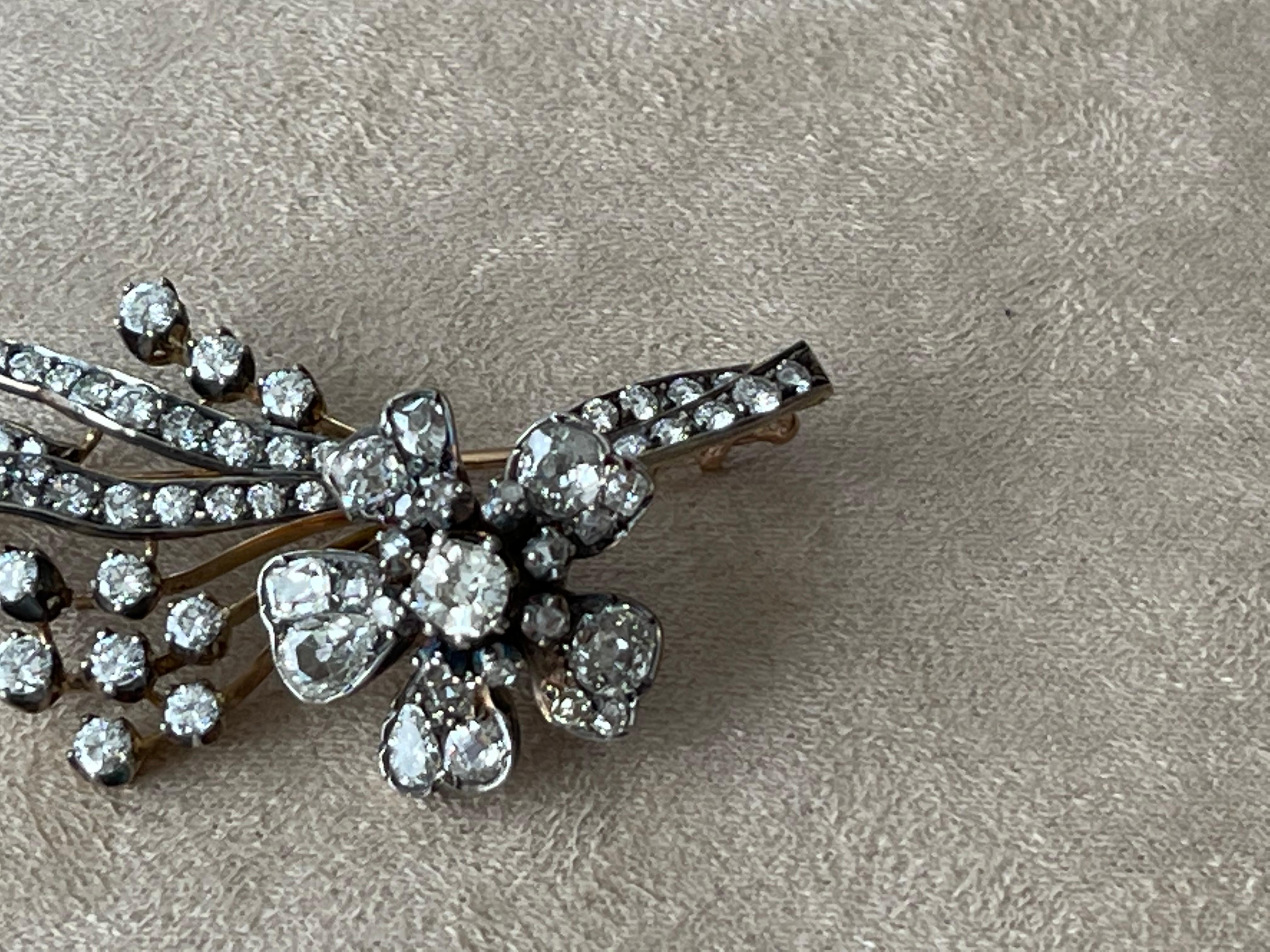 Antike Diamant-Blumensprühbrosche „En Tremblant“ um 1860 Silber Roségold im Angebot 6