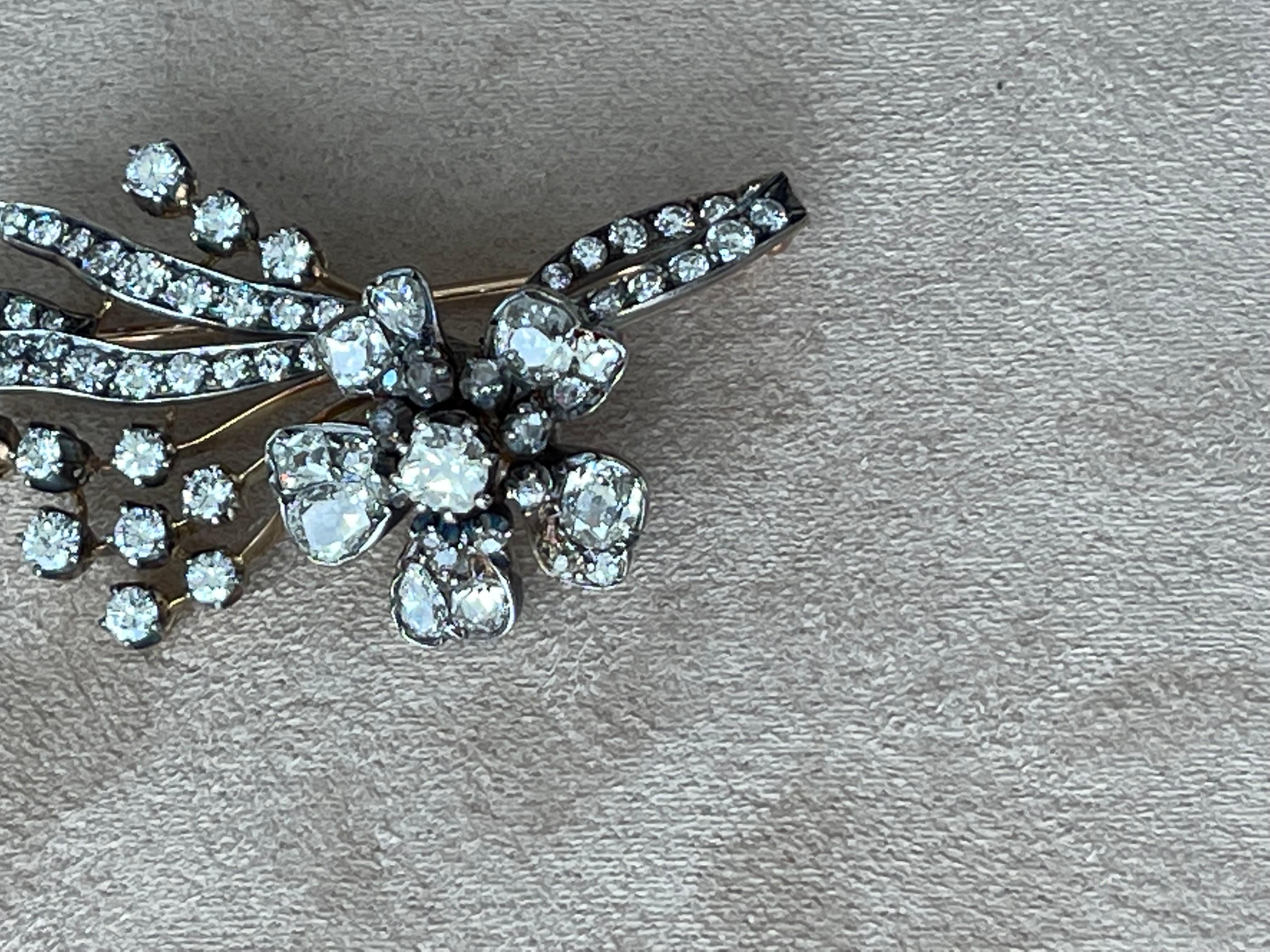 Antike Diamant-Blumensprühbrosche „En Tremblant“ um 1860 Silber Roségold im Angebot 7