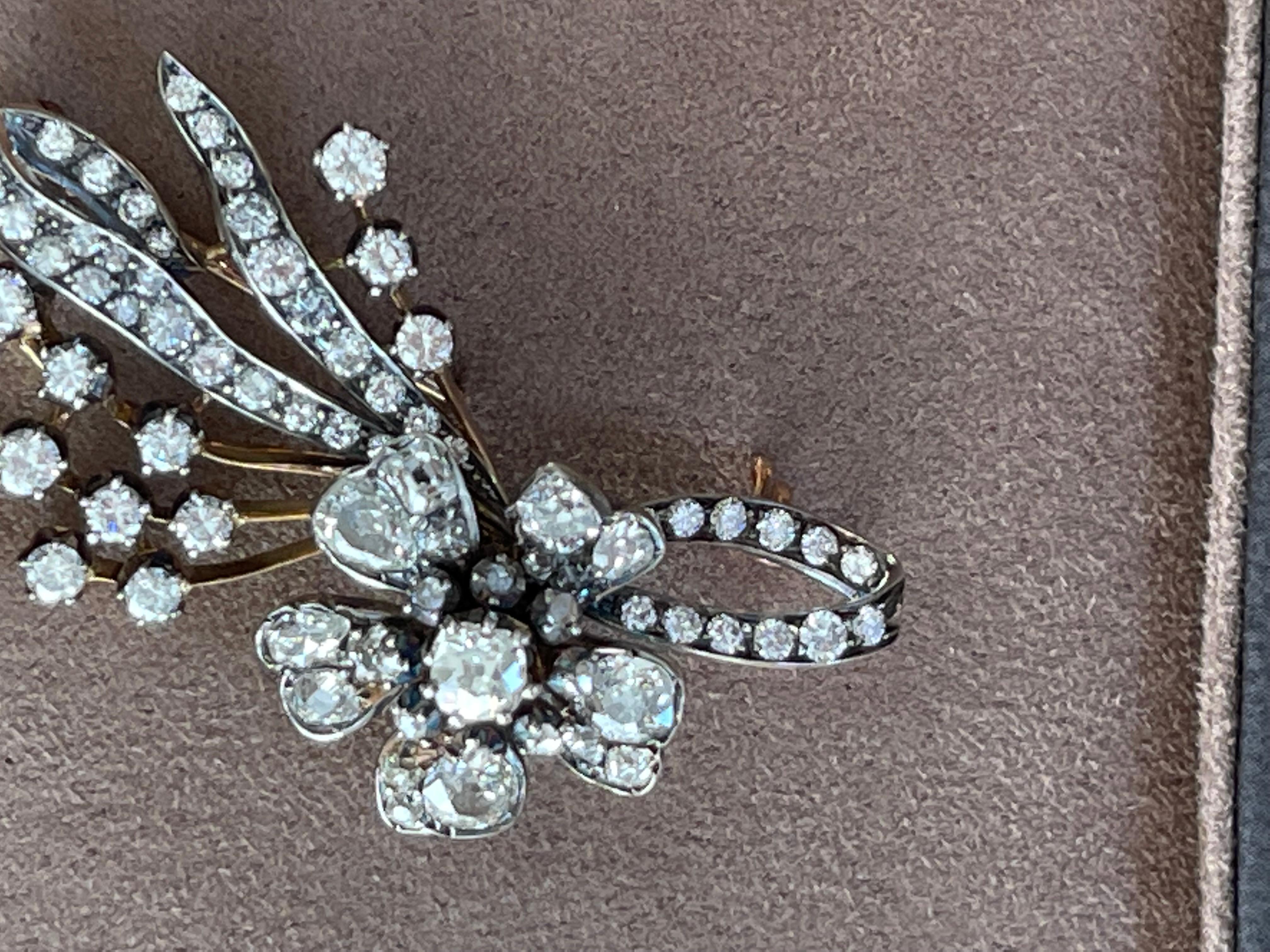 Antike Diamant-Blumensprühbrosche „En Tremblant“ um 1860 Silber Roségold im Zustand „Gut“ im Angebot in Zurich, Zollstrasse