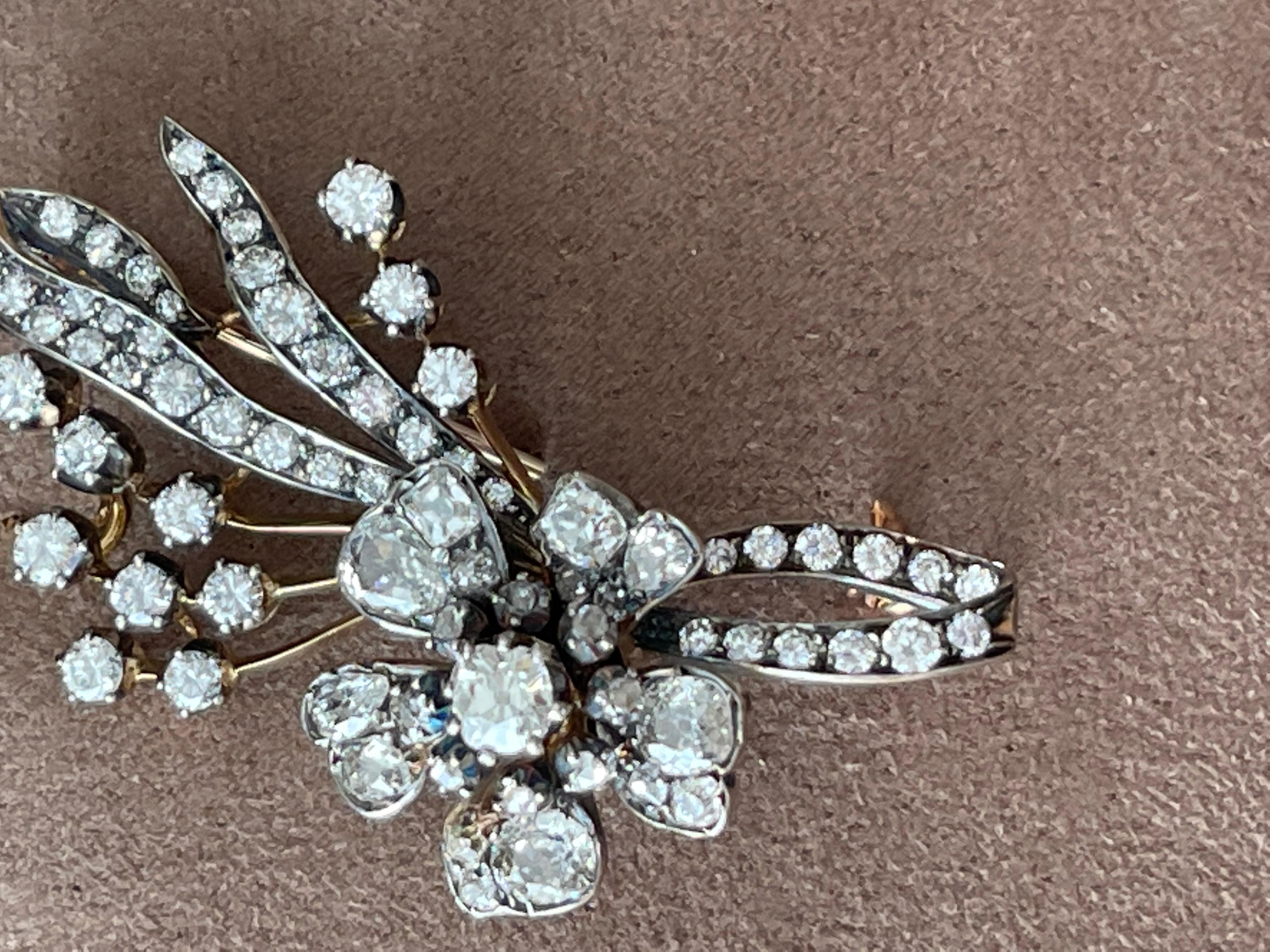 Antike Diamant-Blumensprühbrosche „En Tremblant“ um 1860 Silber Roségold Damen im Angebot