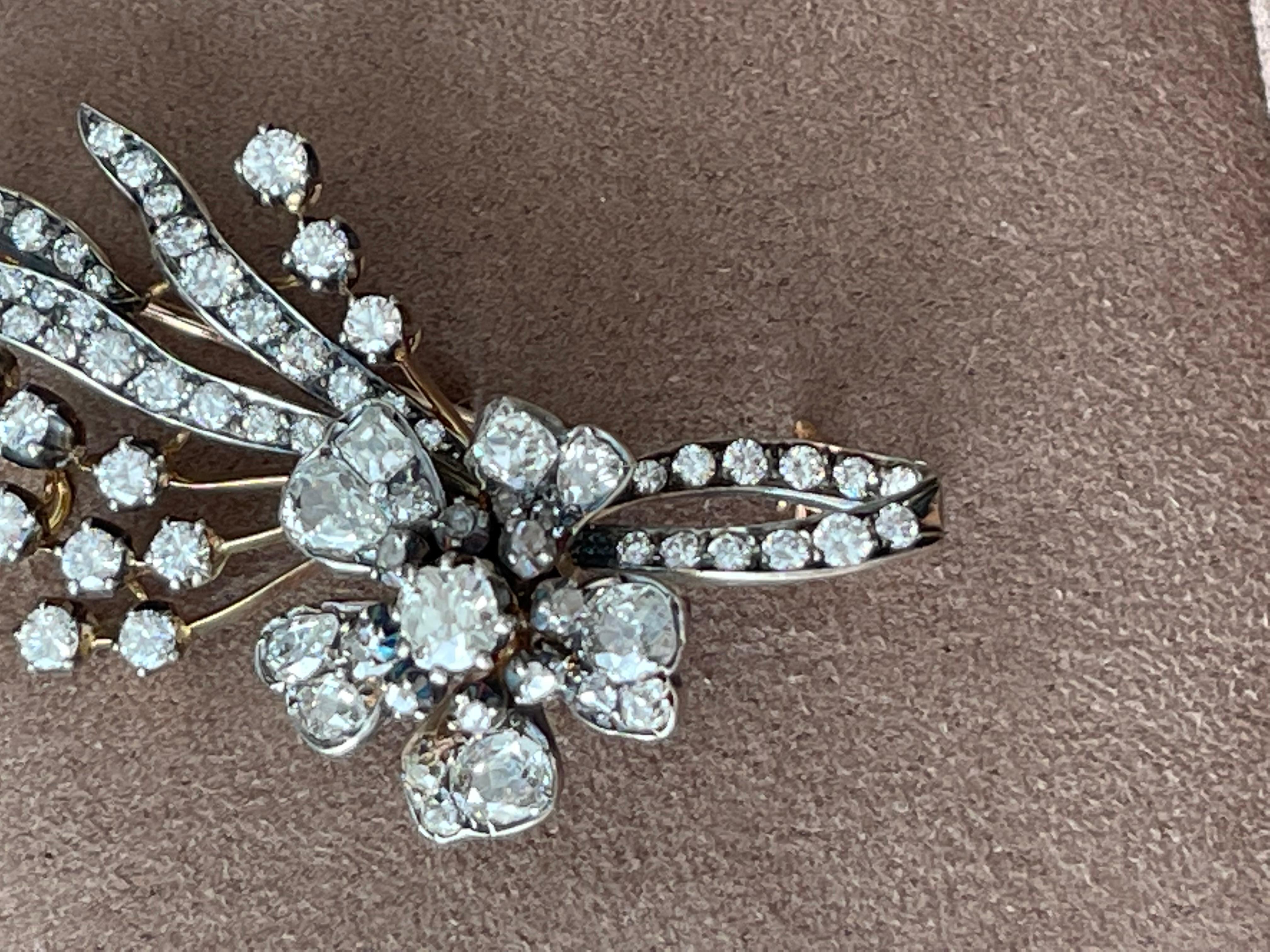 Antike Diamant-Blumensprühbrosche „En Tremblant“ um 1860 Silber Roségold im Angebot 1