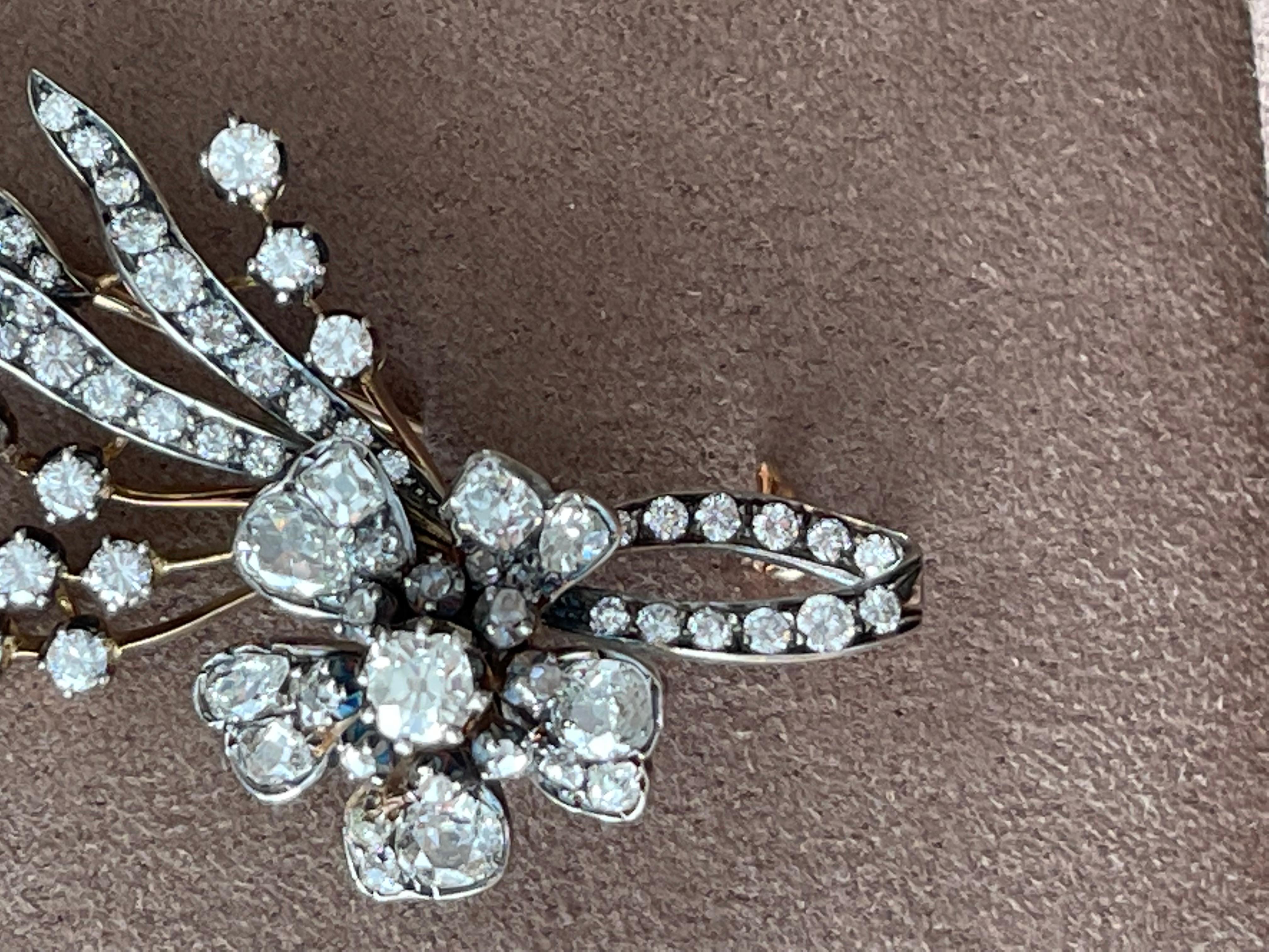 Antike Diamant-Blumensprühbrosche „En Tremblant“ um 1860 Silber Roségold im Angebot 2