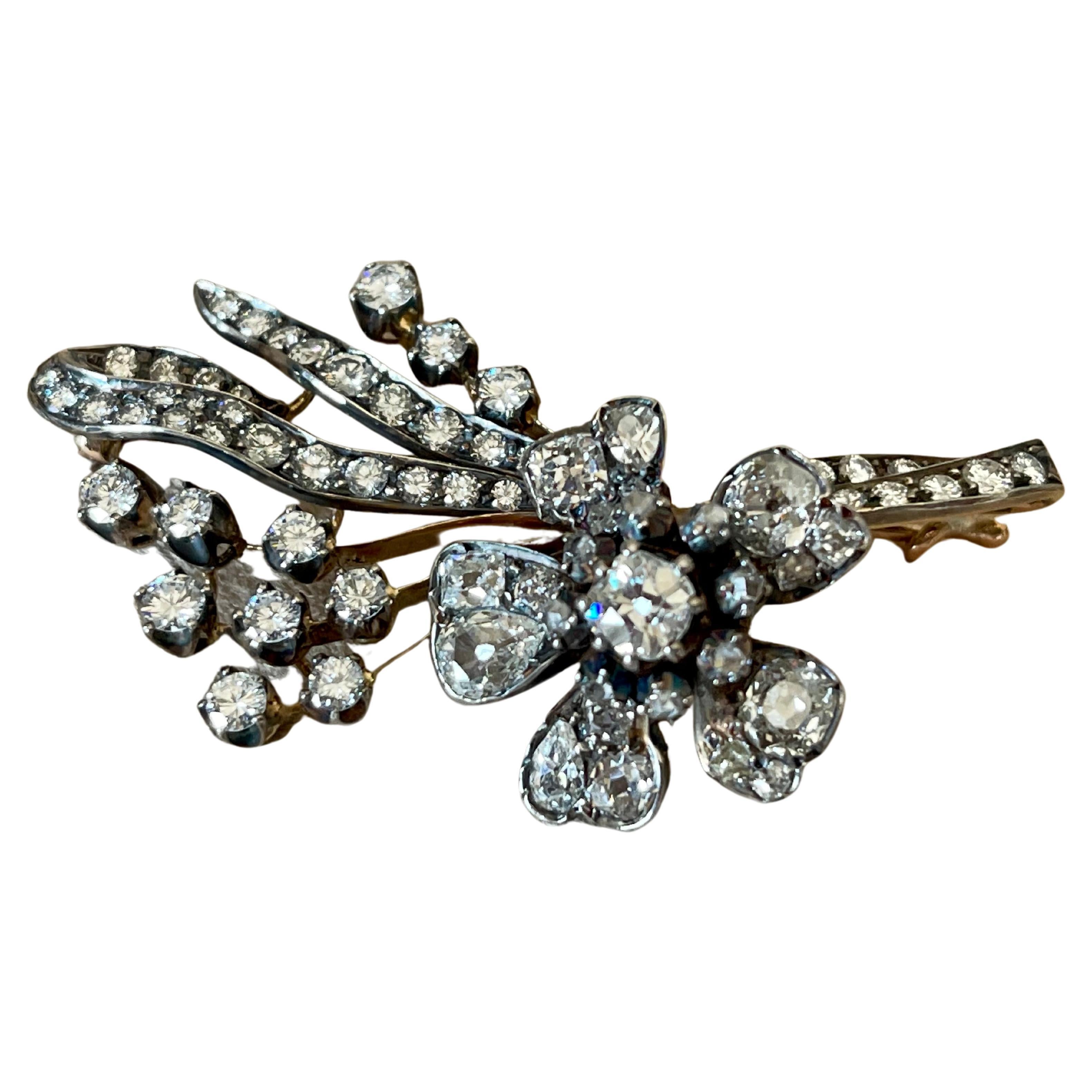 Antique Diamond “En Tremblant” Flower Spray Brooch circa 1860 Silver Rose Gold For Sale