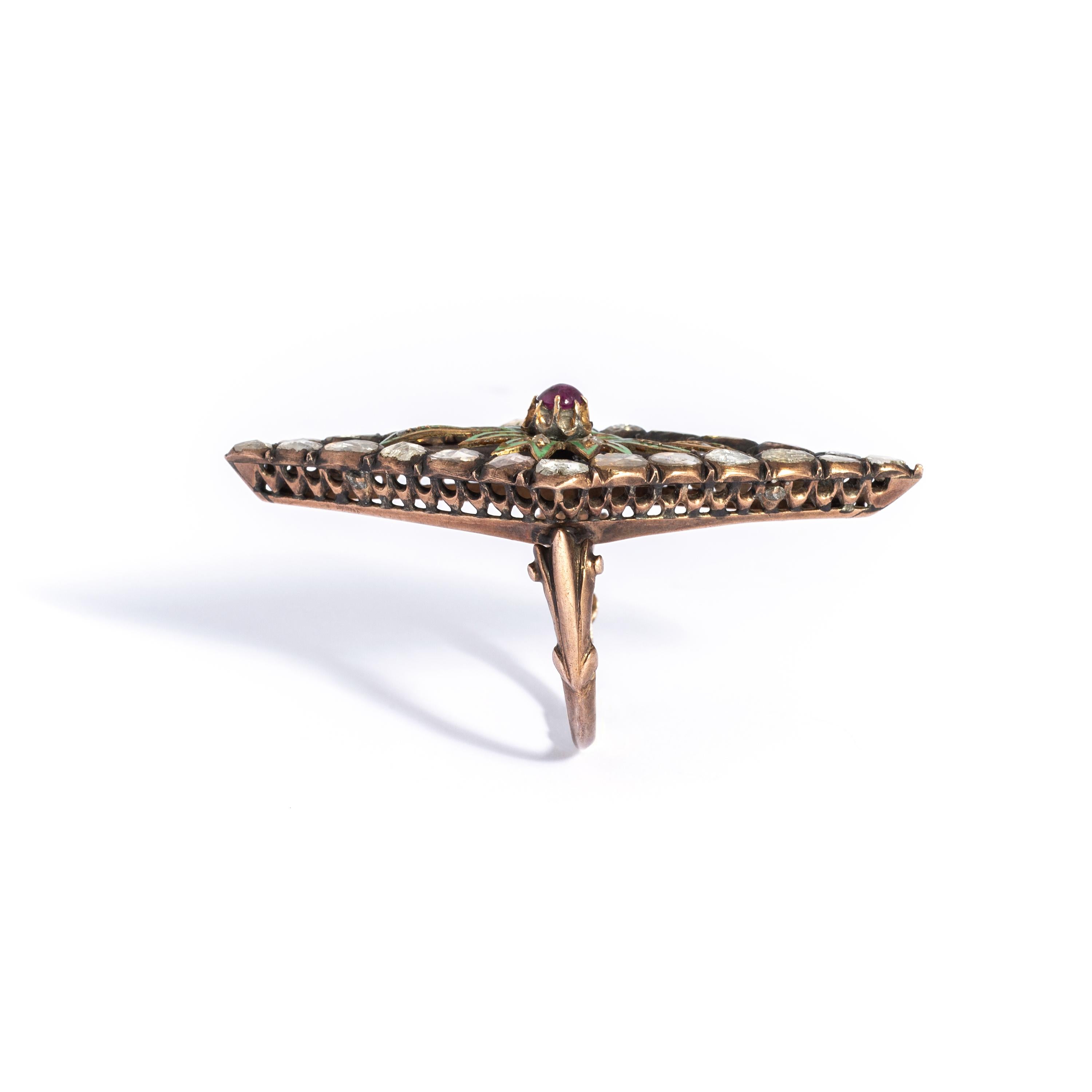 Rose Cut Antique Diamond Enamel and Ruby Ring For Sale