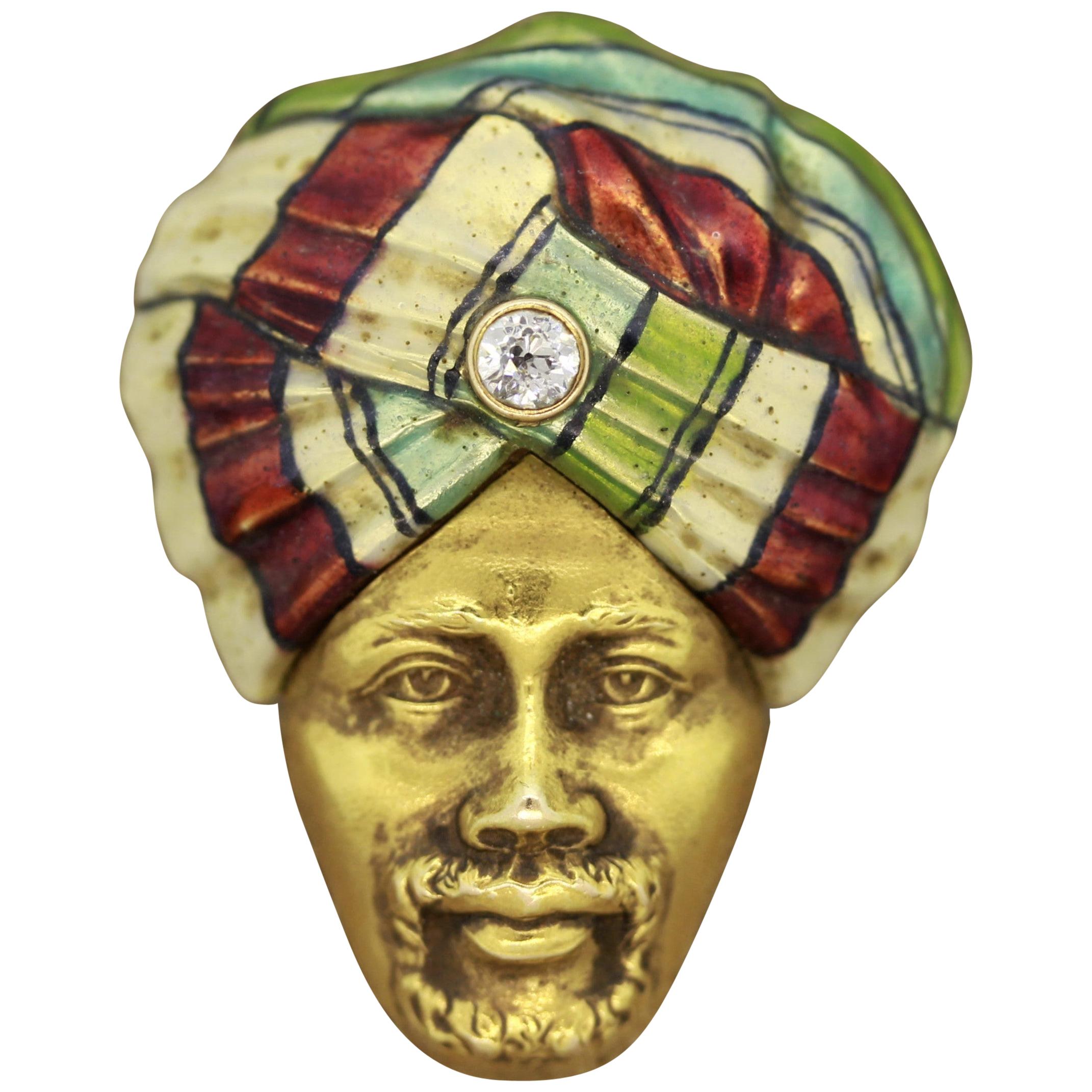 Antique Diamond Enamel Man-in-Turban Pin-Brooch For Sale