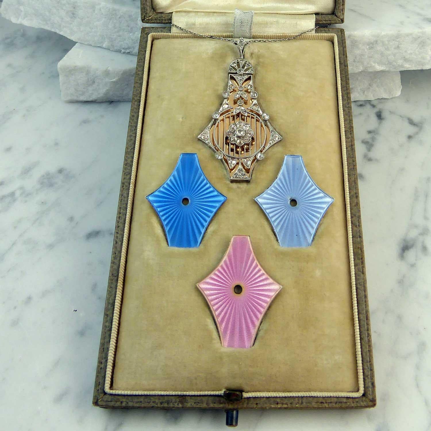 Antique Diamond Enamel Pendant Necklace, Belle Époque, Changeable Enamel Inserts 4