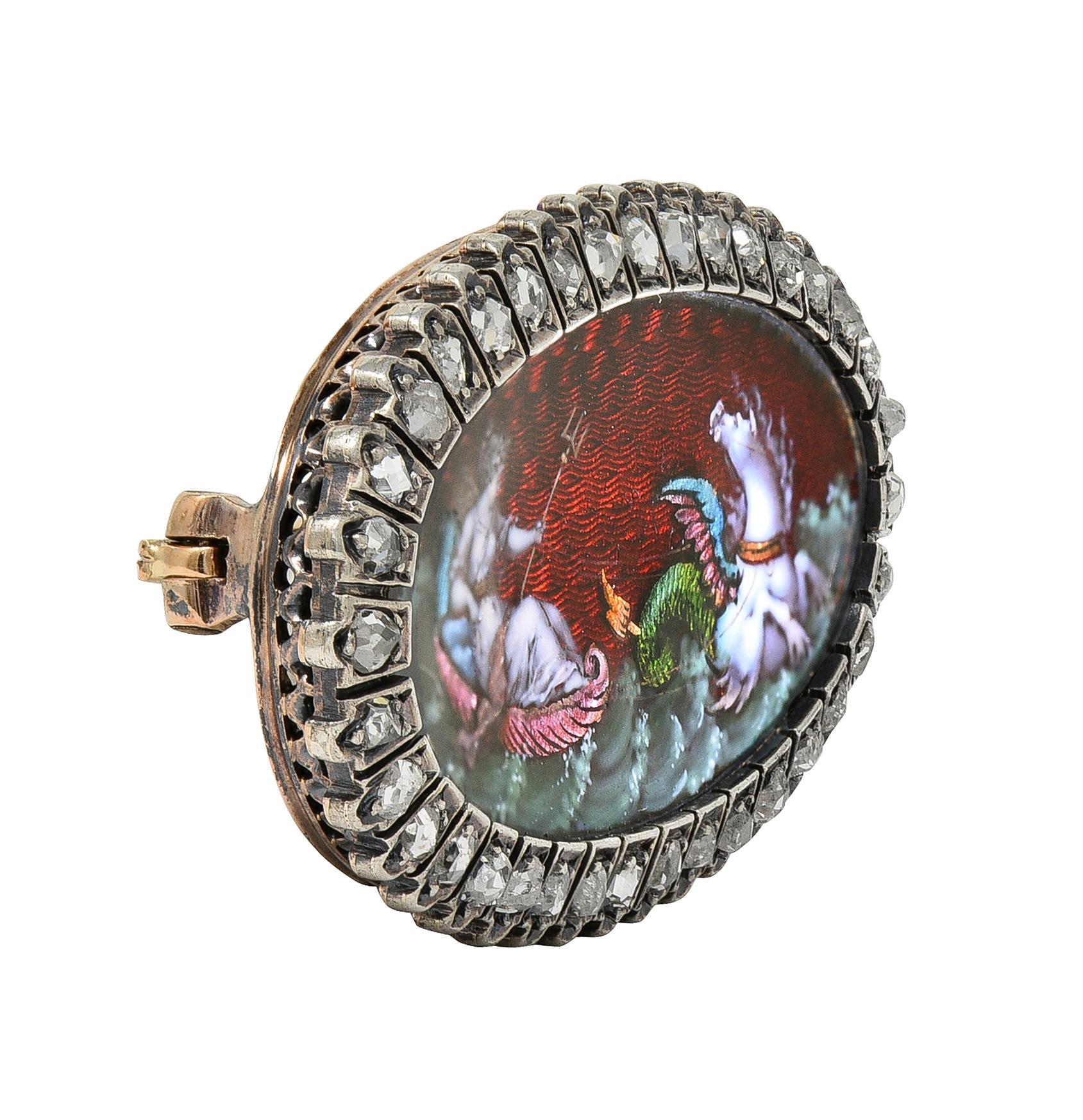 Antike Diamant-Emaille Silber 18K Gold griechische Göttin Aphrodite Halo Brosche (Viktorianisch) im Angebot
