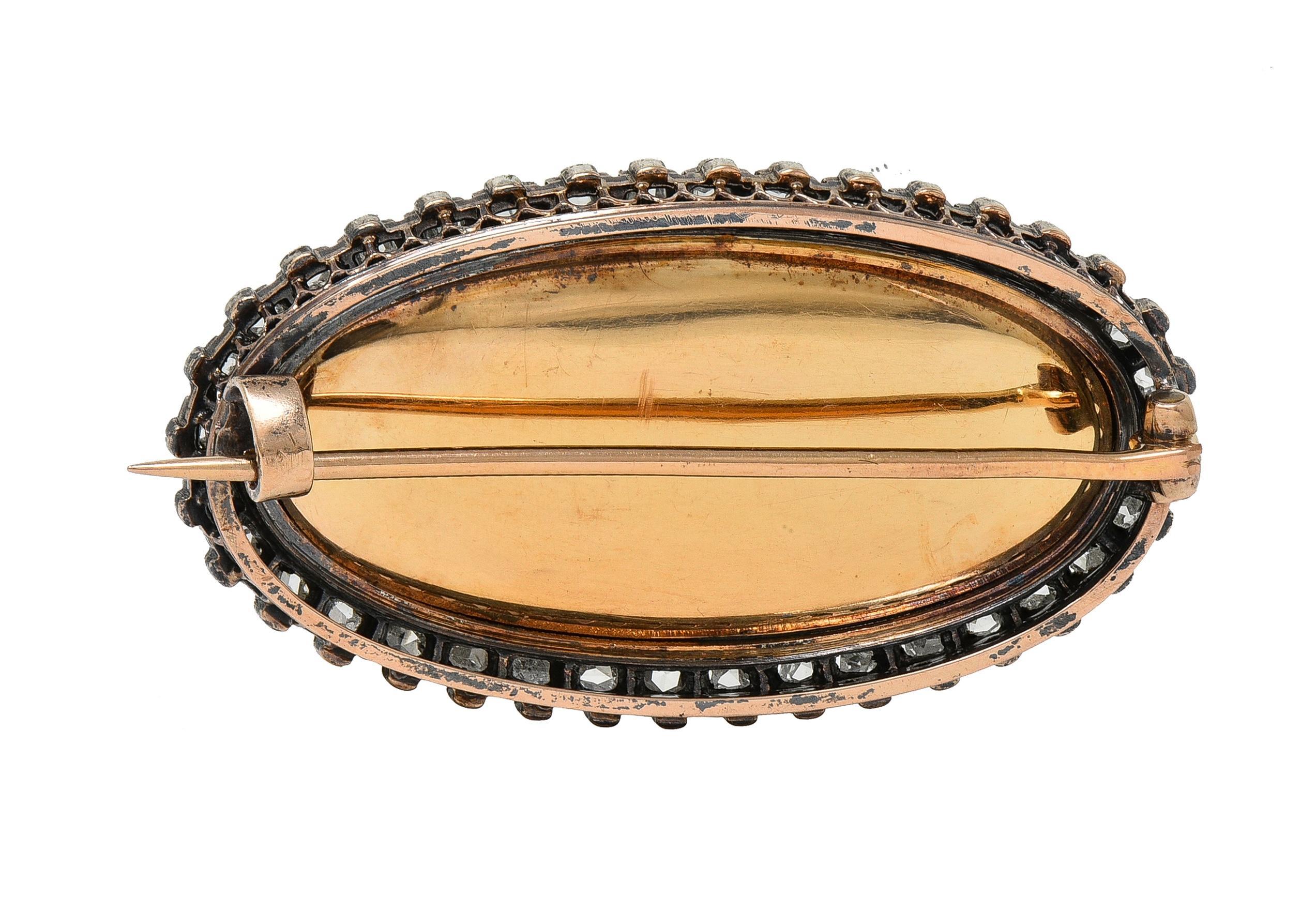 Antike Diamant-Emaille Silber 18K Gold griechische Göttin Aphrodite Halo Brosche (Rosenschliff) im Angebot