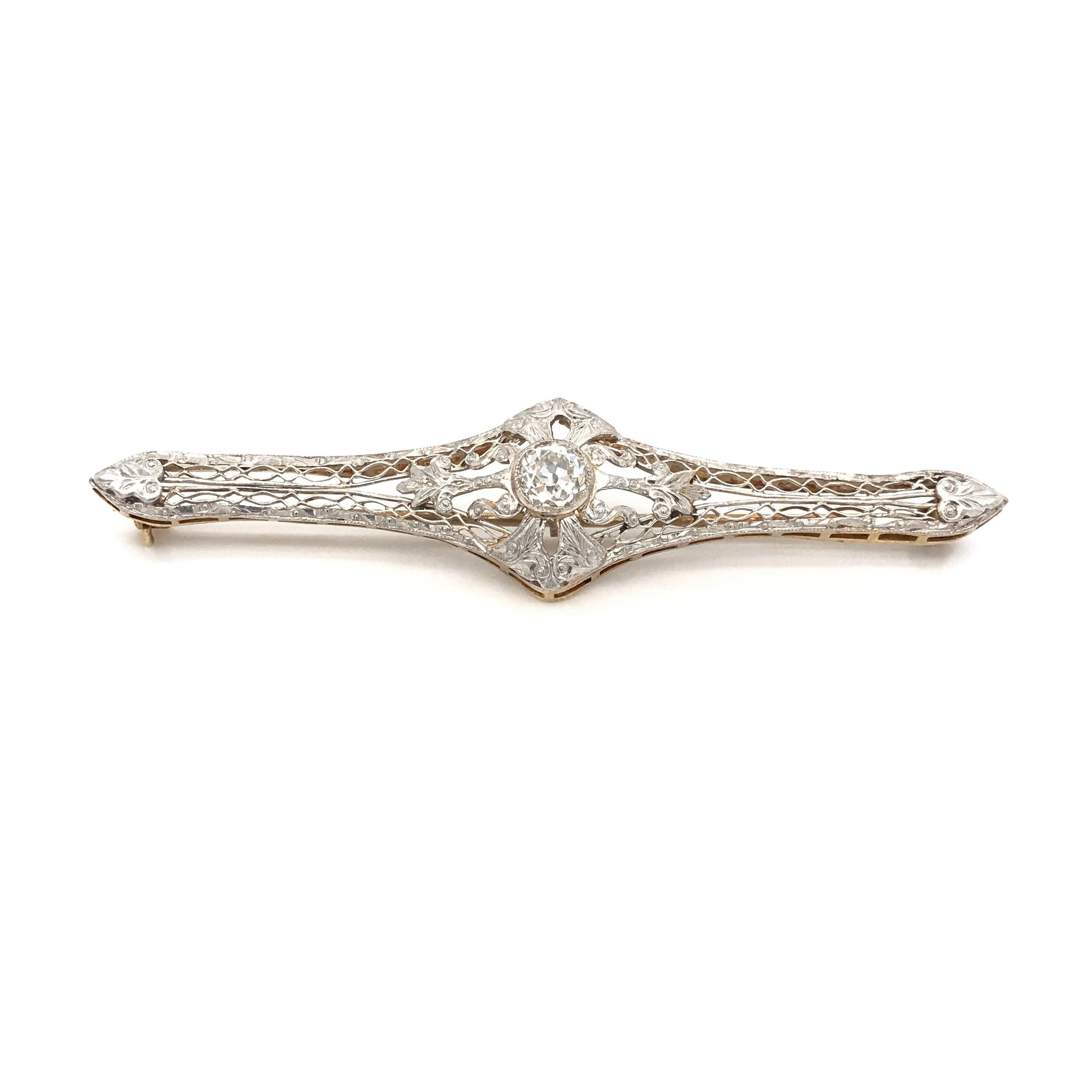Old European Cut Antique Diamond Filigree Brooch For Sale