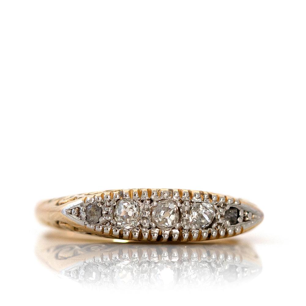 Anillo antiguo de cinco piedras de diamantes en oro de 18 ct y platino Eduardiano en venta