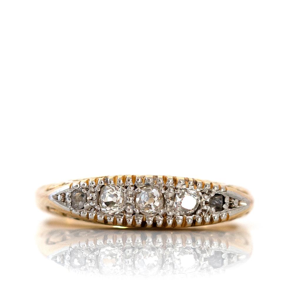 Anillo antiguo de cinco piedras de diamantes en oro de 18 ct y platino en Bueno estado para la venta en London, GB