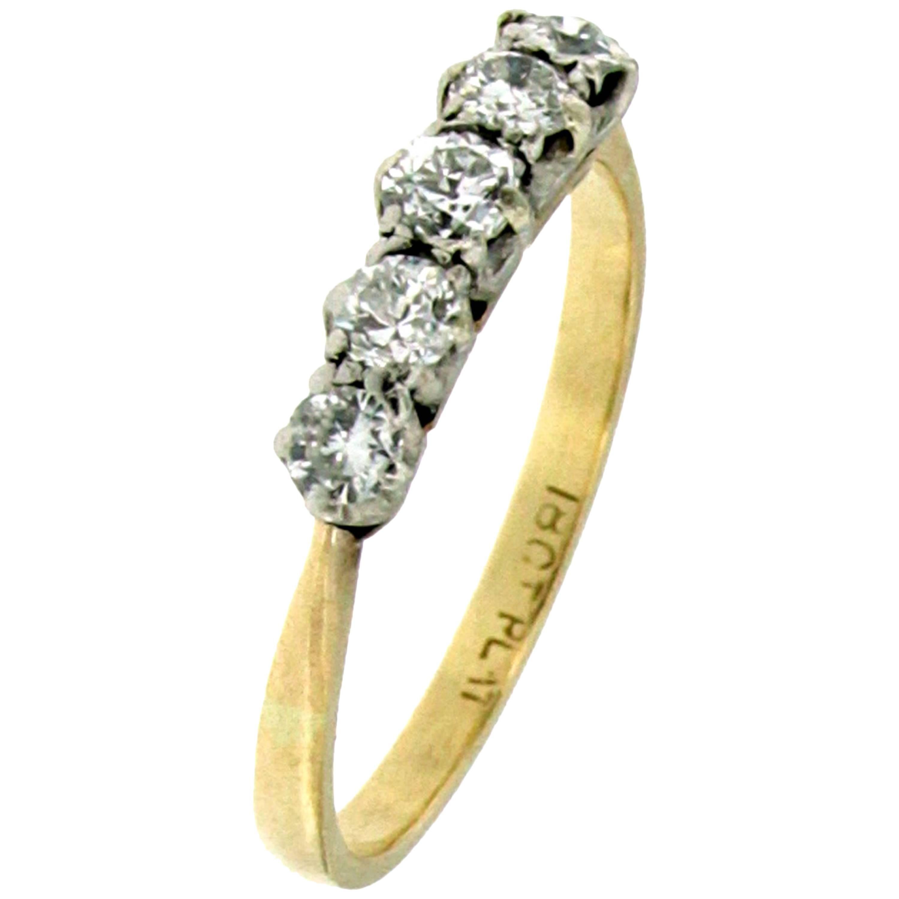 Antique Diamond Five-Stone Platinum Gold Ring
