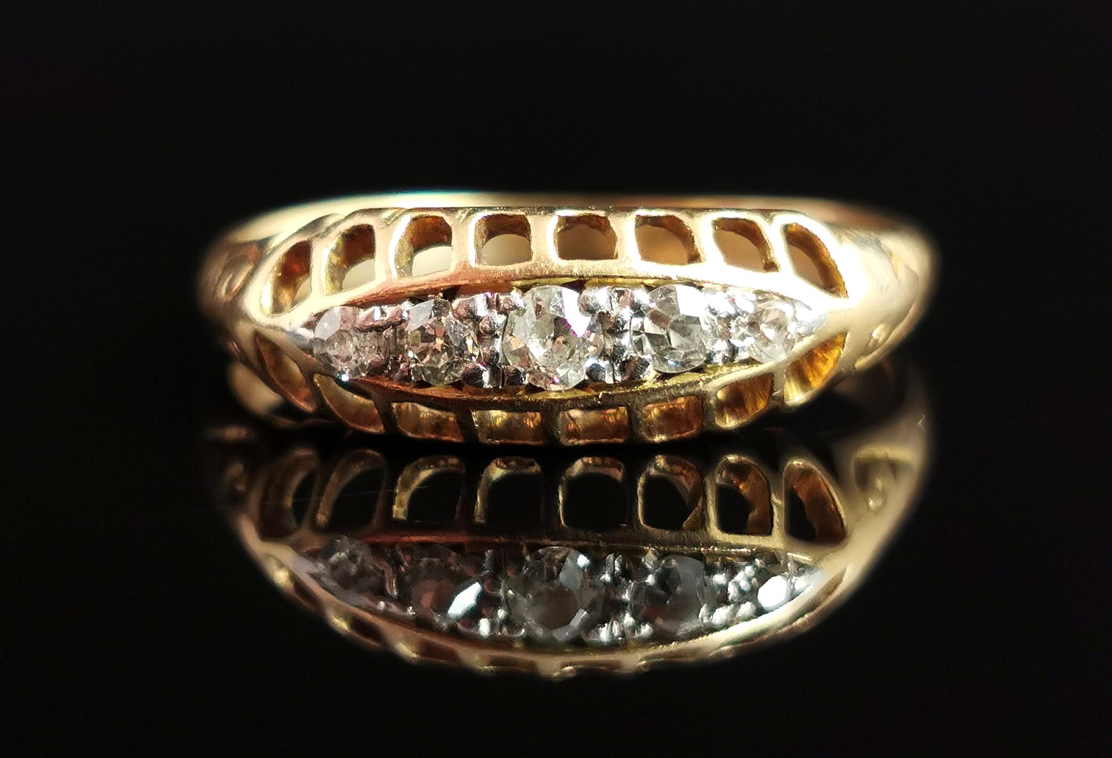 Antique Diamond Five Stone Ring, 18 Karat Yellow Gold, Edwardian For Sale 7