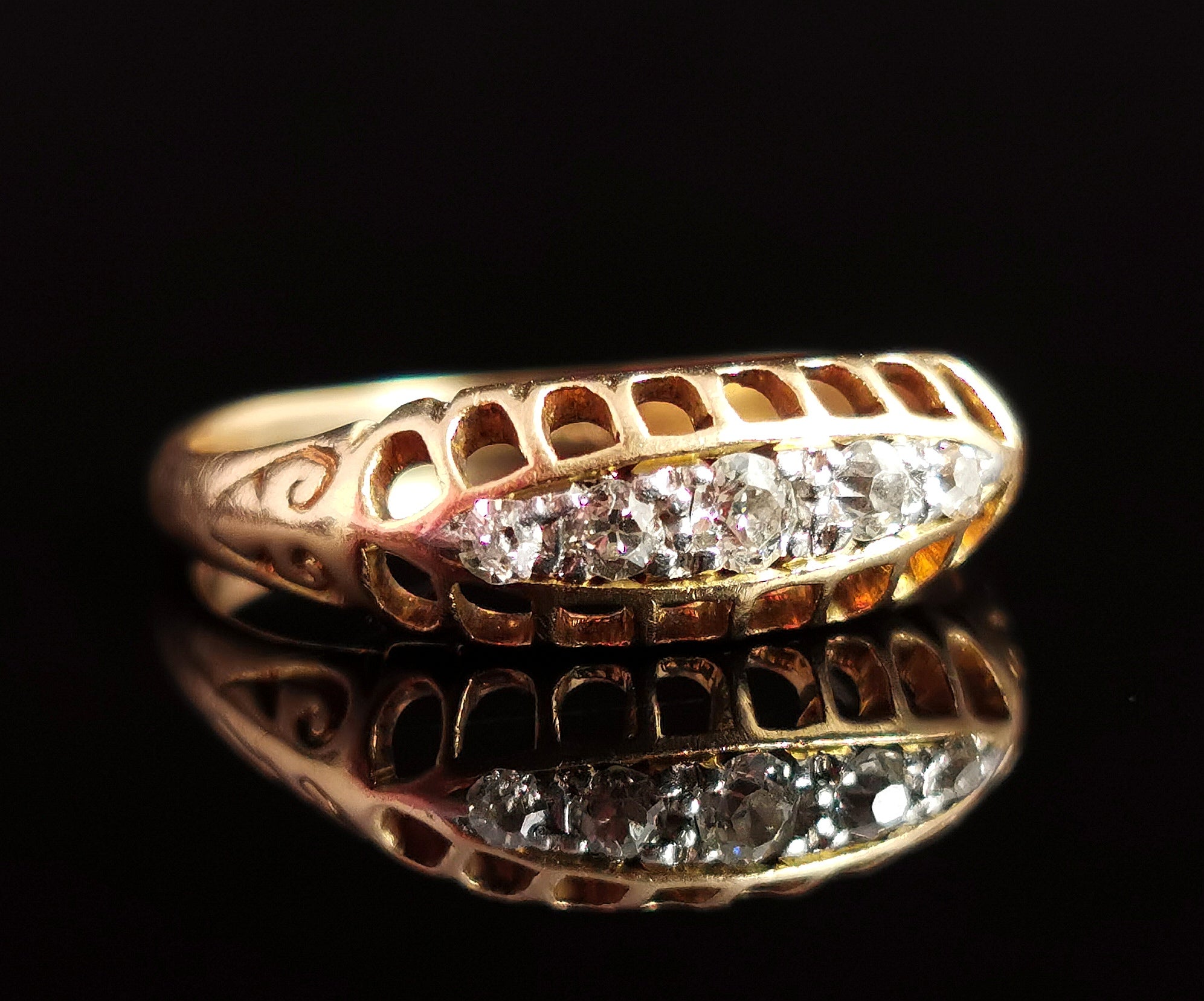 Antiker Diamantring mit fünf Steinen, 18 Karat Gelbgold, Edwardian