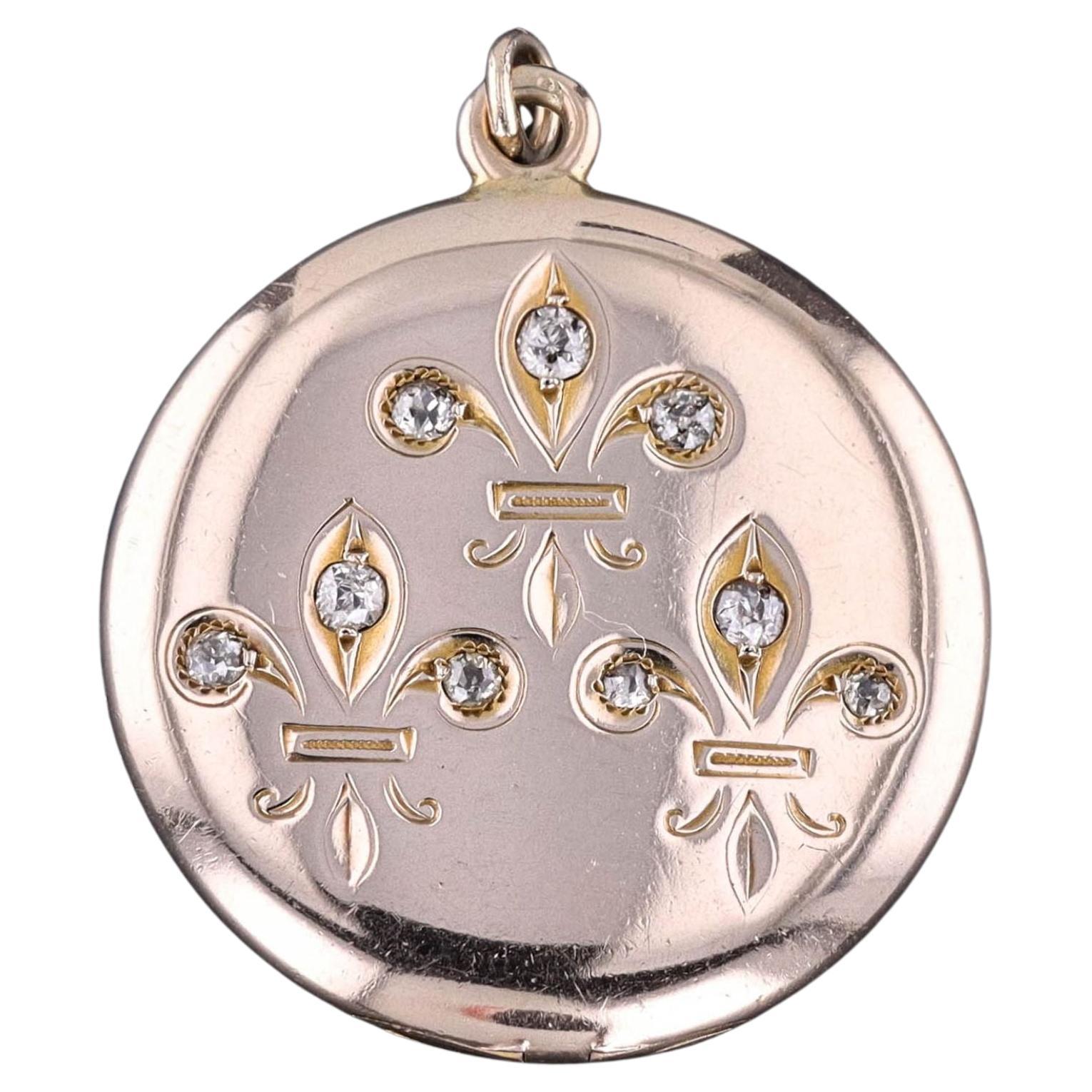 Antique Diamond Fleur de Lis Locket of 10k Gold, Circa 1890-1900