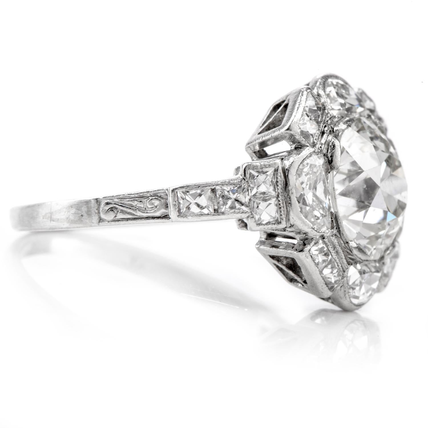 Art Deco Antique Diamond Floral Motif Platinum Engagement Cocktail Ring