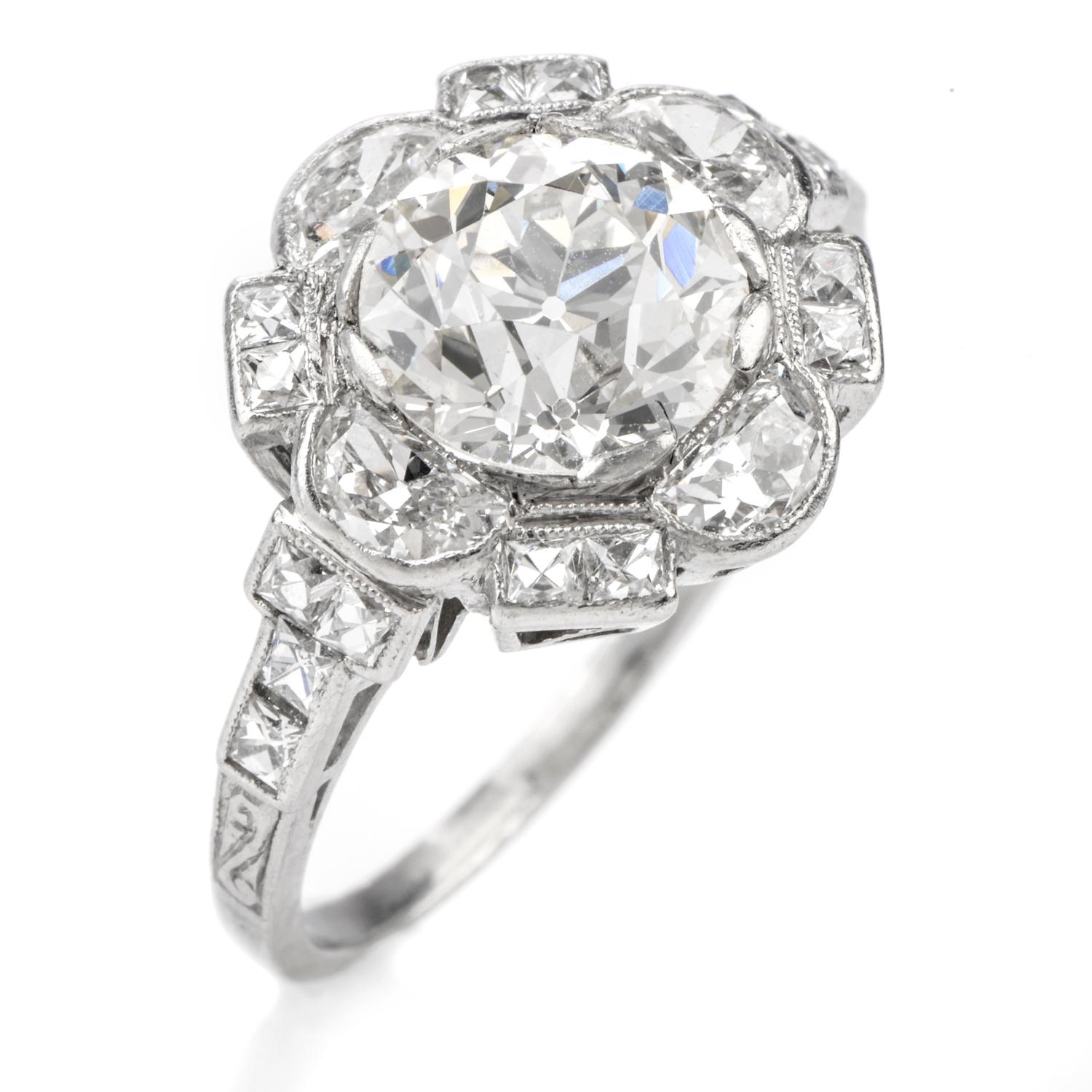 Women's or Men's Antique Diamond Floral Motif Platinum Engagement Cocktail Ring