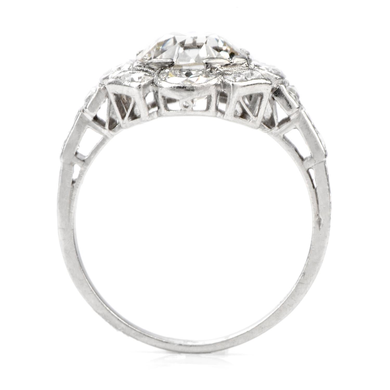 Antique Diamond Floral Motif Platinum Engagement Cocktail Ring 1