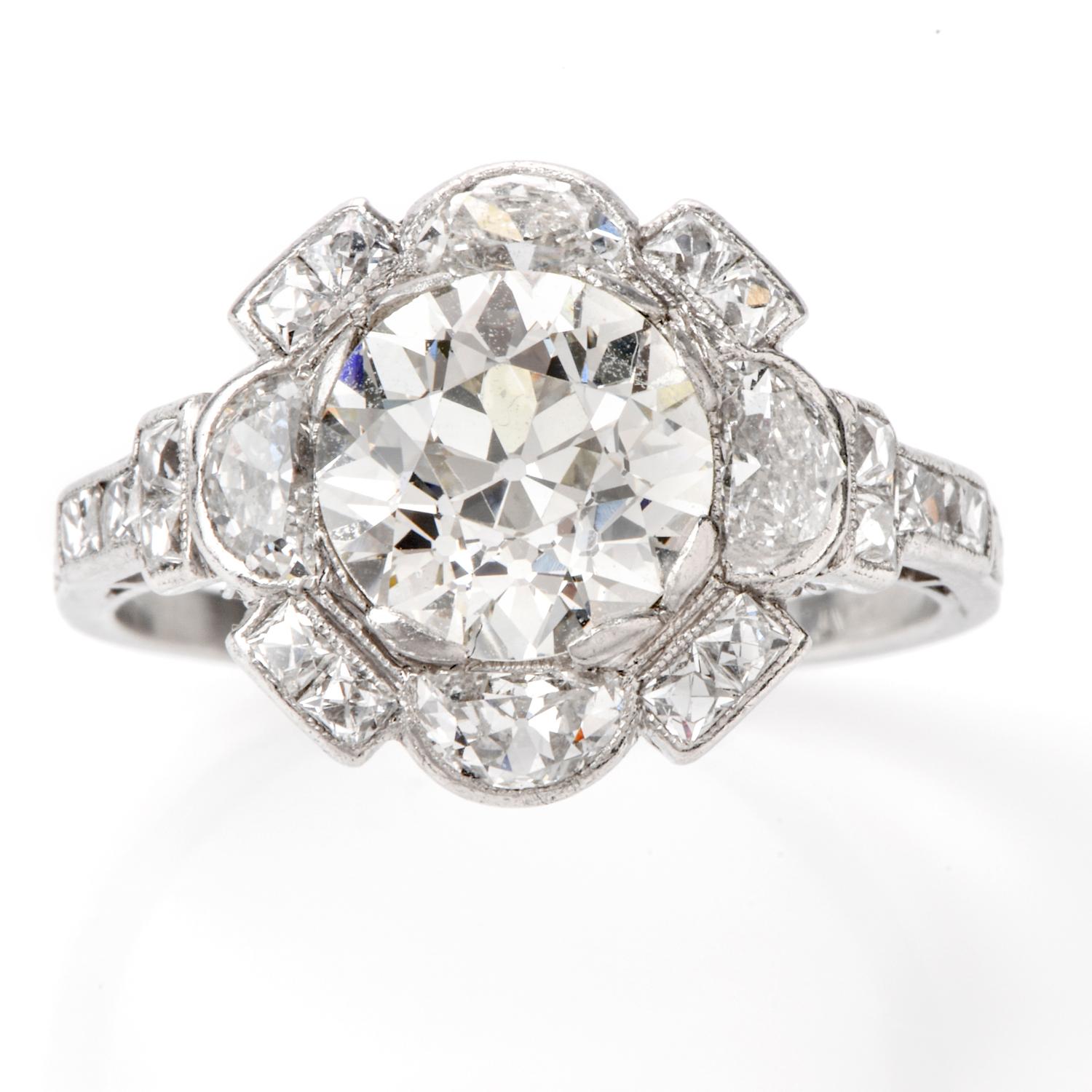 Antique Diamond Floral Motif Platinum Engagement Cocktail Ring 2