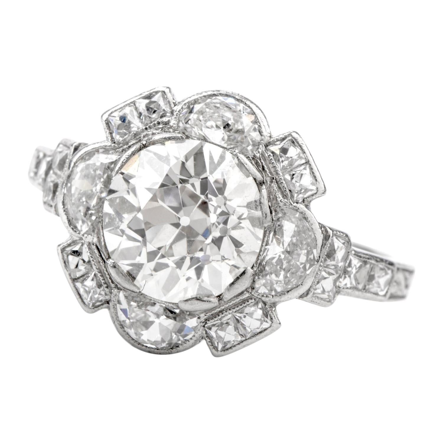 Antique Diamond Floral Motif Platinum Engagement Cocktail Ring