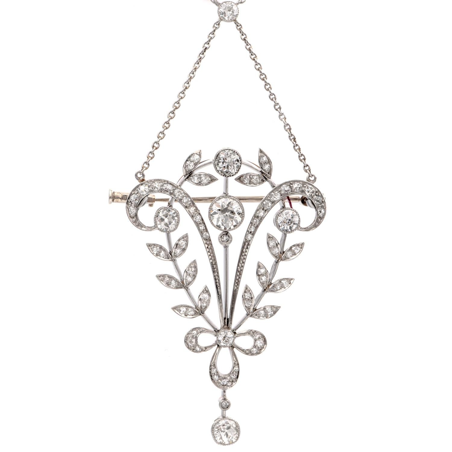 Art Nouveau Antique Diamond Floral Platinum Pendant Necklace Brooch Pin