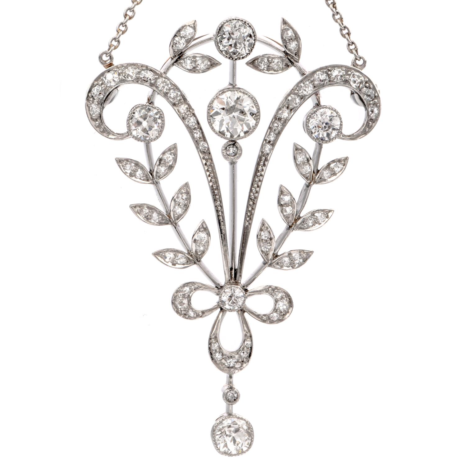 Antique Diamond Floral Platinum Pendant Necklace Brooch Pin In Excellent Condition In Miami, FL