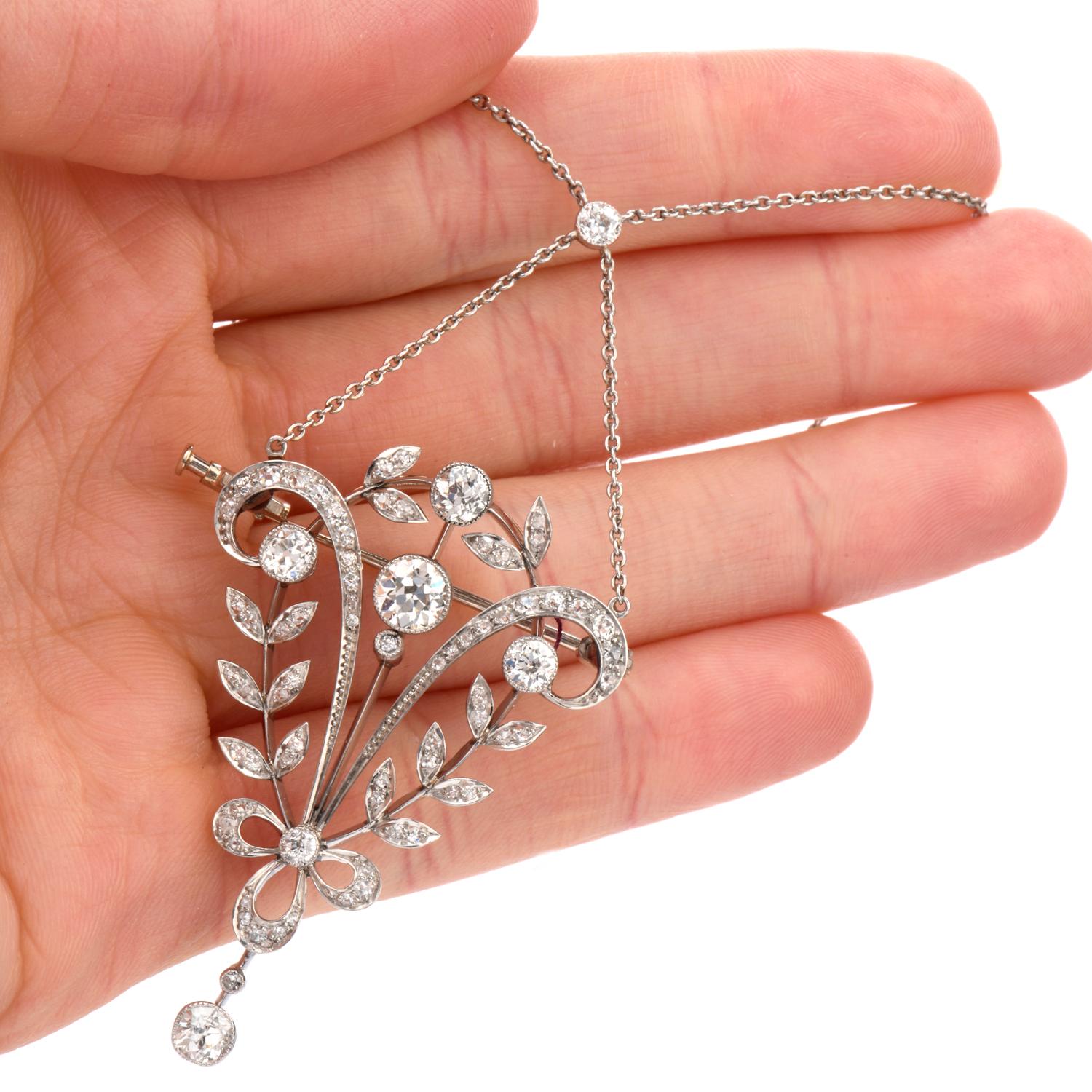 Antique Diamond Floral Platinum Pendant Necklace Brooch Pin 2