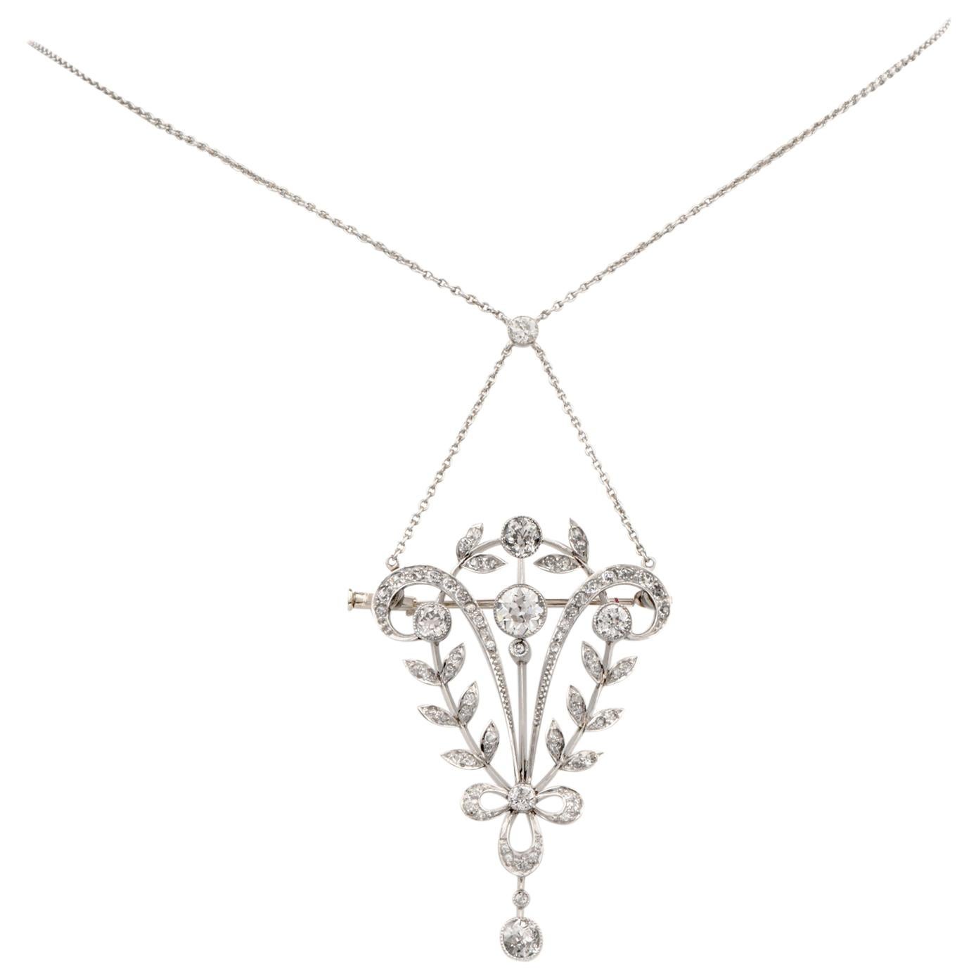 Antique Diamond Floral Platinum Pendant Necklace Brooch Pin