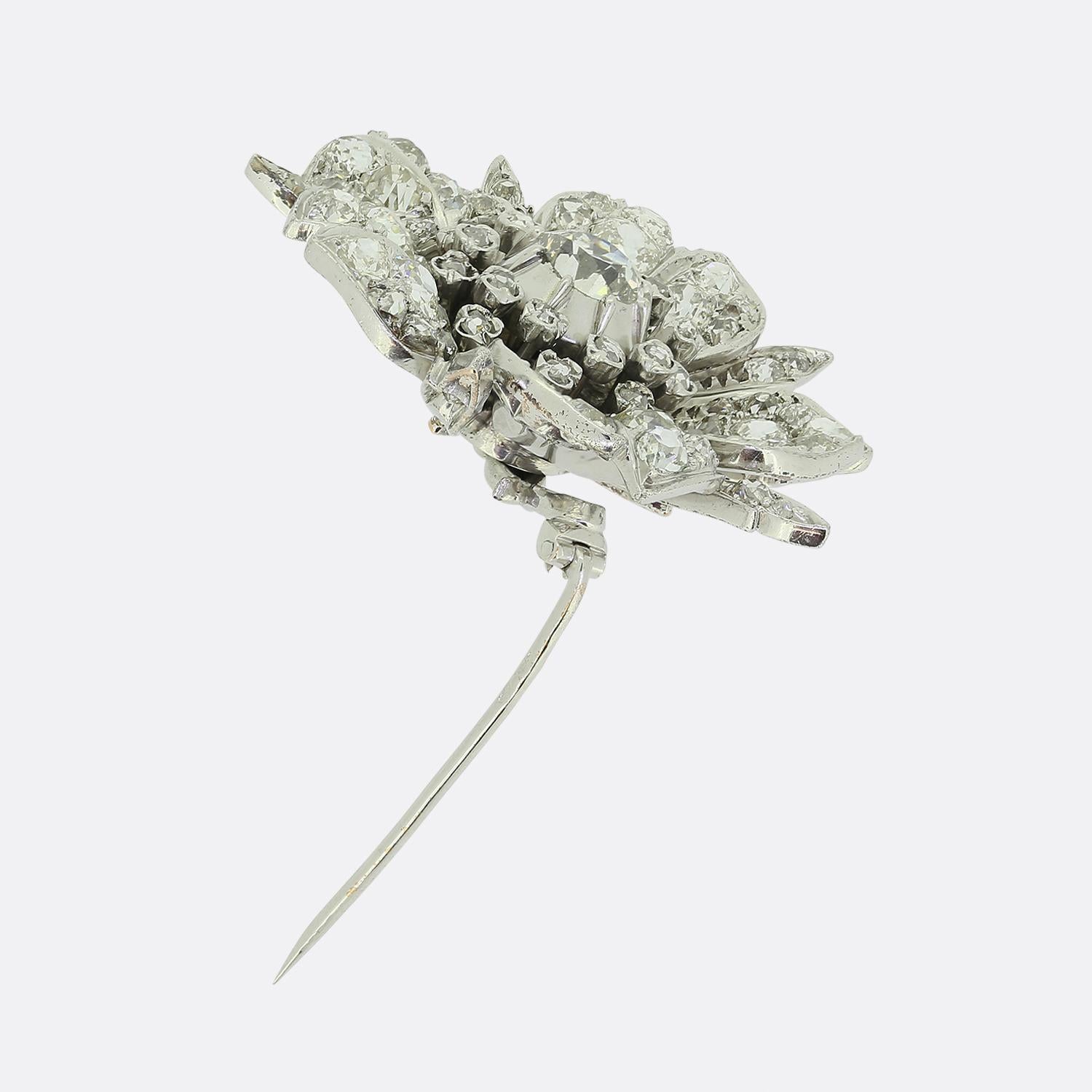 Old Mine Cut Antique Diamond Flower Brooch For Sale