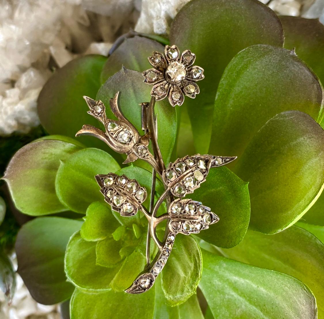 Victorian Antique Diamond Flower Brooch For Sale