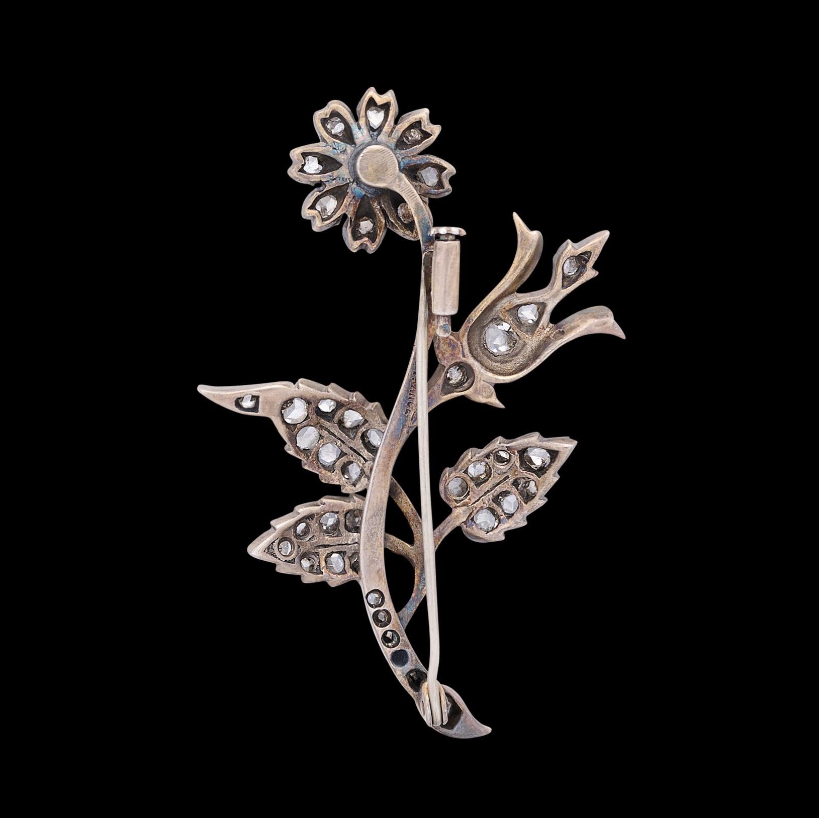 Rose Cut Antique Diamond Flower Brooch For Sale