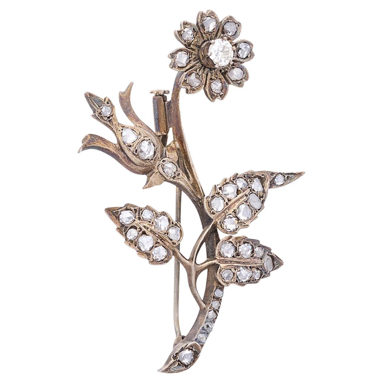 Antique Diamond Flower Brooch For Sale