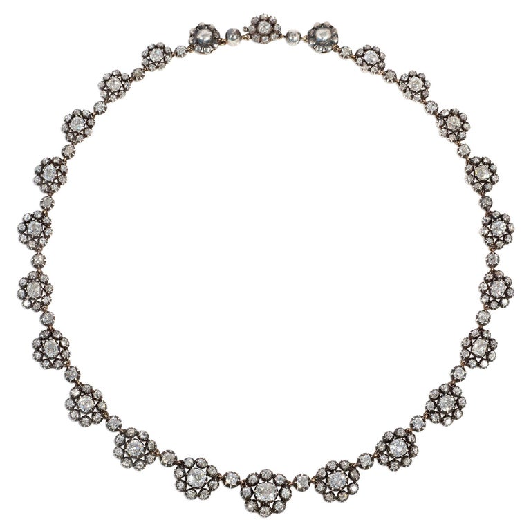 Antique Diamond Flower Cluster Necklace in SilverTopped Gold For Sale