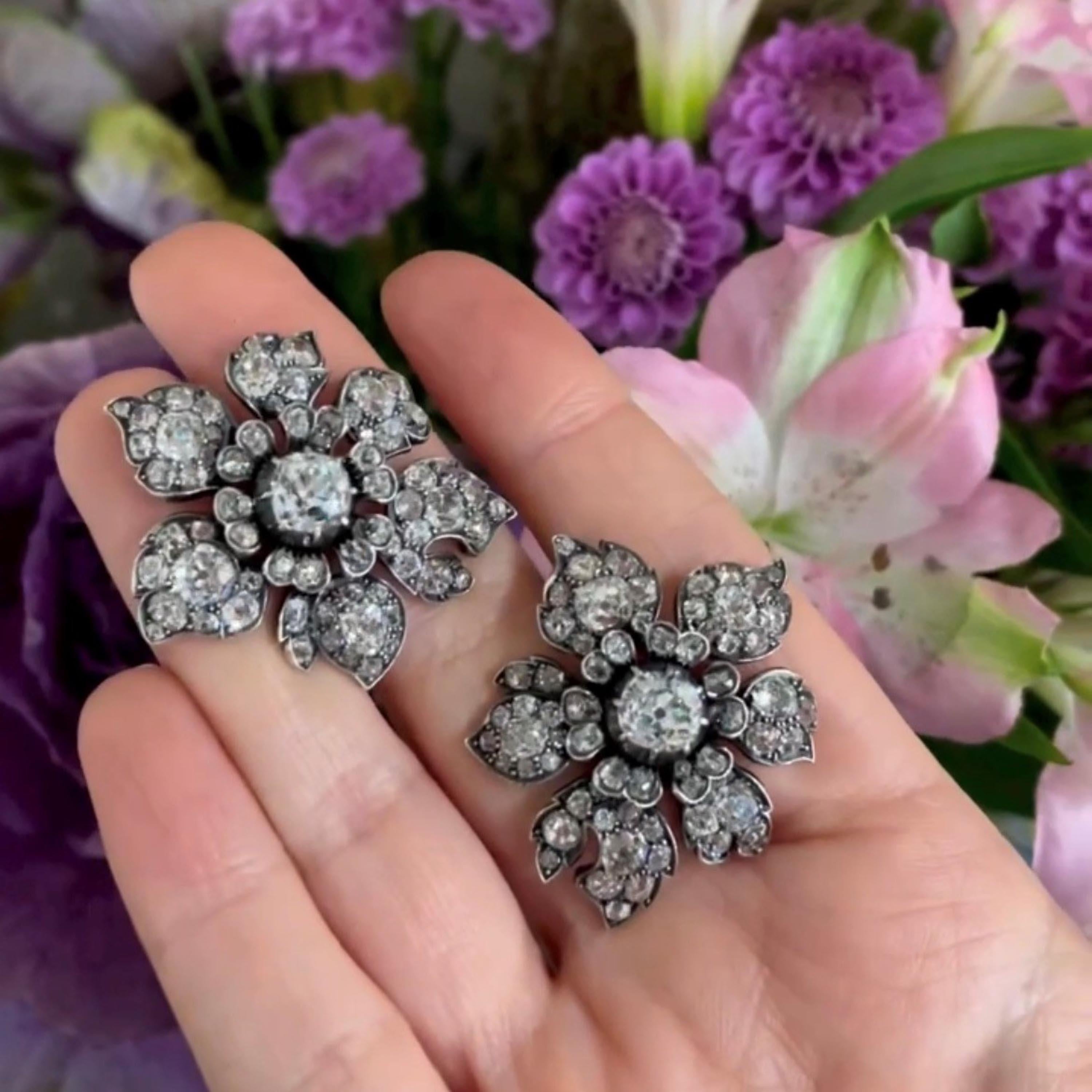 Women's Antique Diamond and Silver-Upon-Gold Flower Earrings Circa 1880 9.00 Carats For Sale